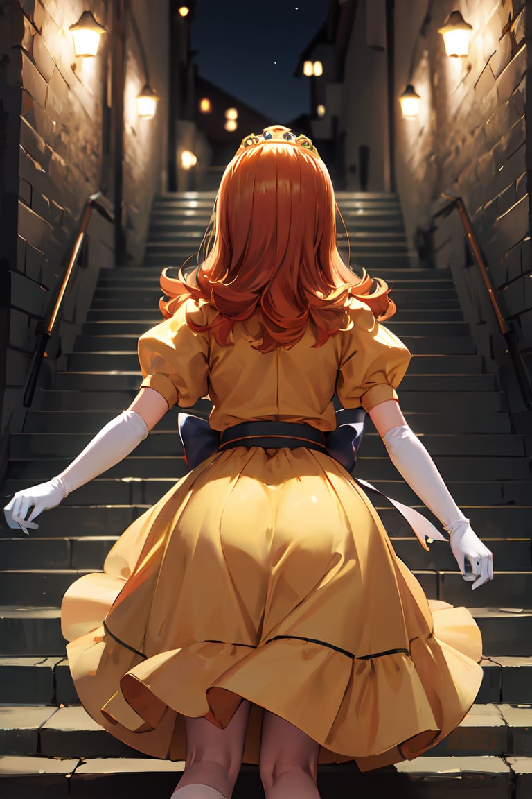 Step stairs, ((highly detailed)),((perfect anatomy)),masterpiece,scenery,intricately detailed, hyperdetailed, blurry background, depth of field, best quality, intricate details,  tonemapping, sharp focus, hyper detailed, high 1res, ((at night)),((in dark cave stairs)) ,dqLaura,orange hair, tiara, necklace, yellow dress,long skirt, elbow gloves,panties,from behind below 