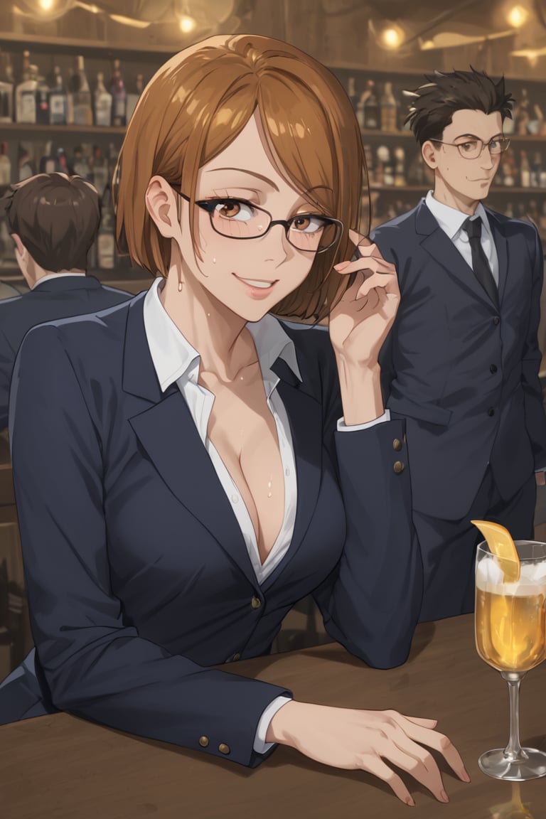 Sitting, drinking, blush, happy face, (score_9, score_8_up, score_7_up),masterpiece, high-quality,perfect anatomy, expressive eyes,(perfect face),((in bar)), kugisaki nobara, brown hair, brown eyes,glasses, office suits,jacket,notie,collarbone, chea , chest up,cleavage,sweat 