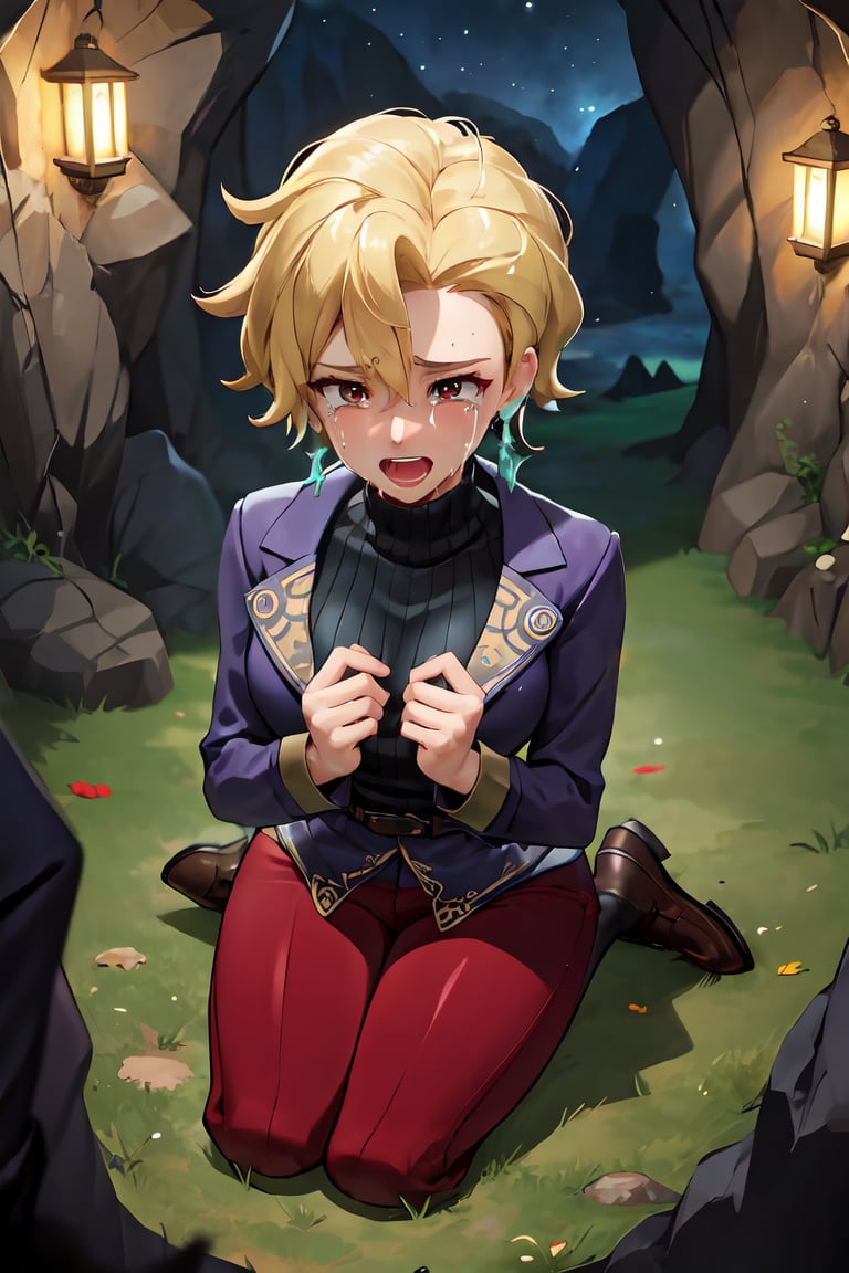 Woman Sitting on ground, seiza,crying, tears,woman regretting actions,open mouth,((highly detailed)),((perfect anatomy)),masterpiece,scenery,intricately detailed, hyperdetailed, blurry background, depth of field, best quality, intricate details,  tonemapping, sharp focus, hyper detailed, high 1res, ((at night)),((in dark cave)),pokemonbriar,blonde short hair, purple jacket, black sweater, turtleneck, red pants,from above 