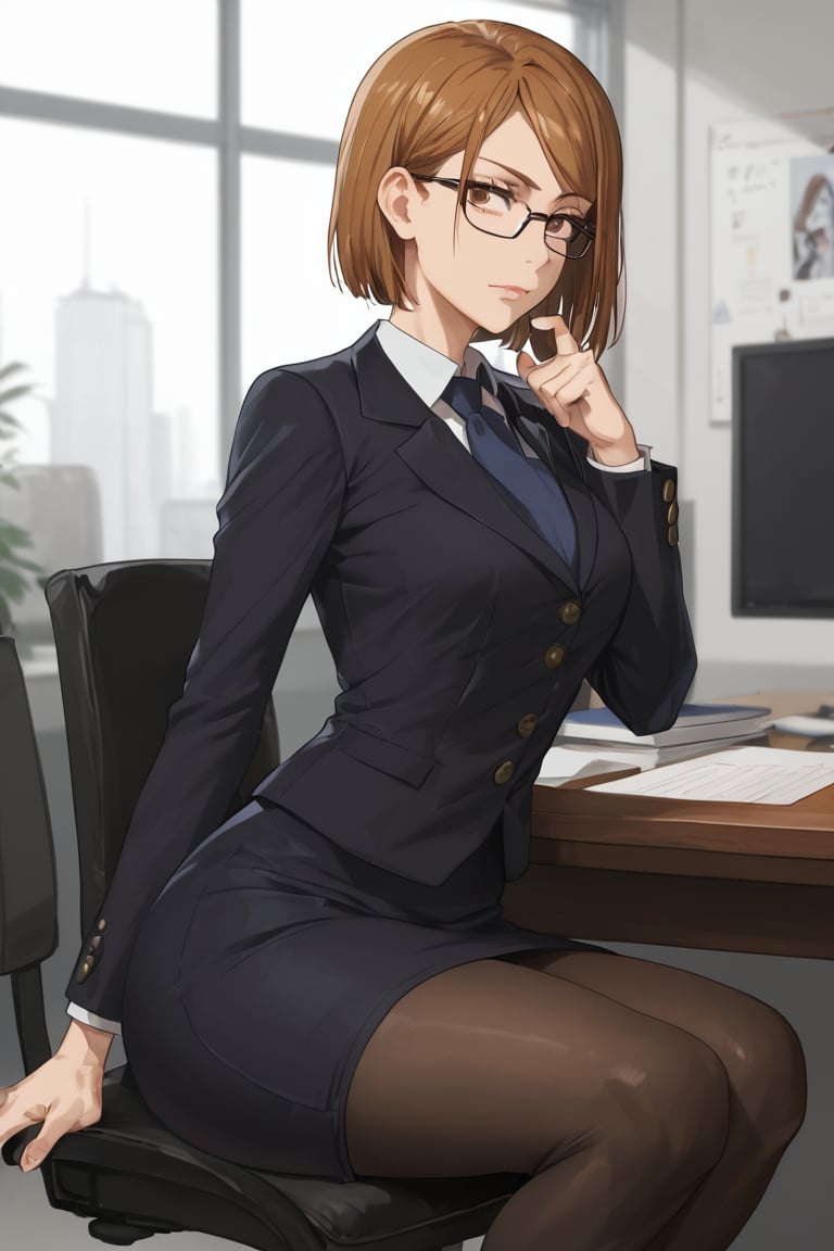 Sitting chair, desk working, (score_9, score_8_up, score_7_up),masterpiece, high-quality,perfect anatomy, expressive eyes,(perfect face),((in office)), kugisaki nobara, brown hair, brown eyes,glasses, office suits, tight skirt, black pantyhose 