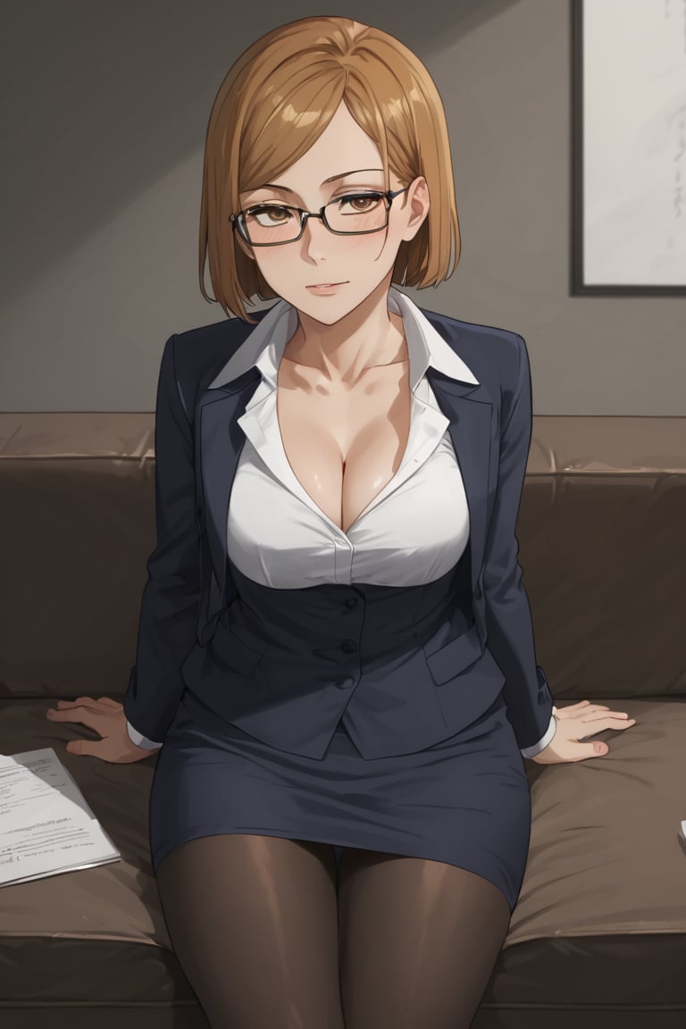 Sitting sofa, blush, sleep with drunk, (score_9, score_8_up, score_7_up),masterpiece, high-quality,perfect anatomy, expressive eyes,(perfect face),((in moody hotel room)), kugisaki nobara, brown hair, brown eyes,glasses, office suits,jacket,white collerdshirts,notie,collarbone,cleavage,mini skirt, black pantyhose, panties, 