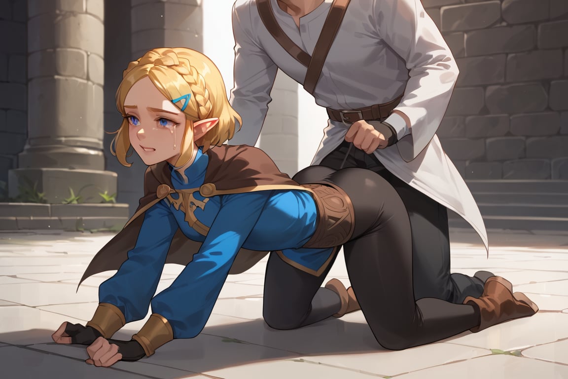 Pull down black pants, Man kneeling from behind woman, Woman Crawling floor, all fours,crying, (score_9, score_8_up, score_7_up),masterpiece, high-quality,perfect anatomy, expressive eyes, perfect face,((background is dark dungeon)) ,zelda\(princess\),Blonde hair, short hair, crown braid, hairclip, pointy ears, brown cape, blue shirt, puffy sleeves, long sleeves, fingerless gloves, black gloves, black pants, tight pants ,from side,woman looking man