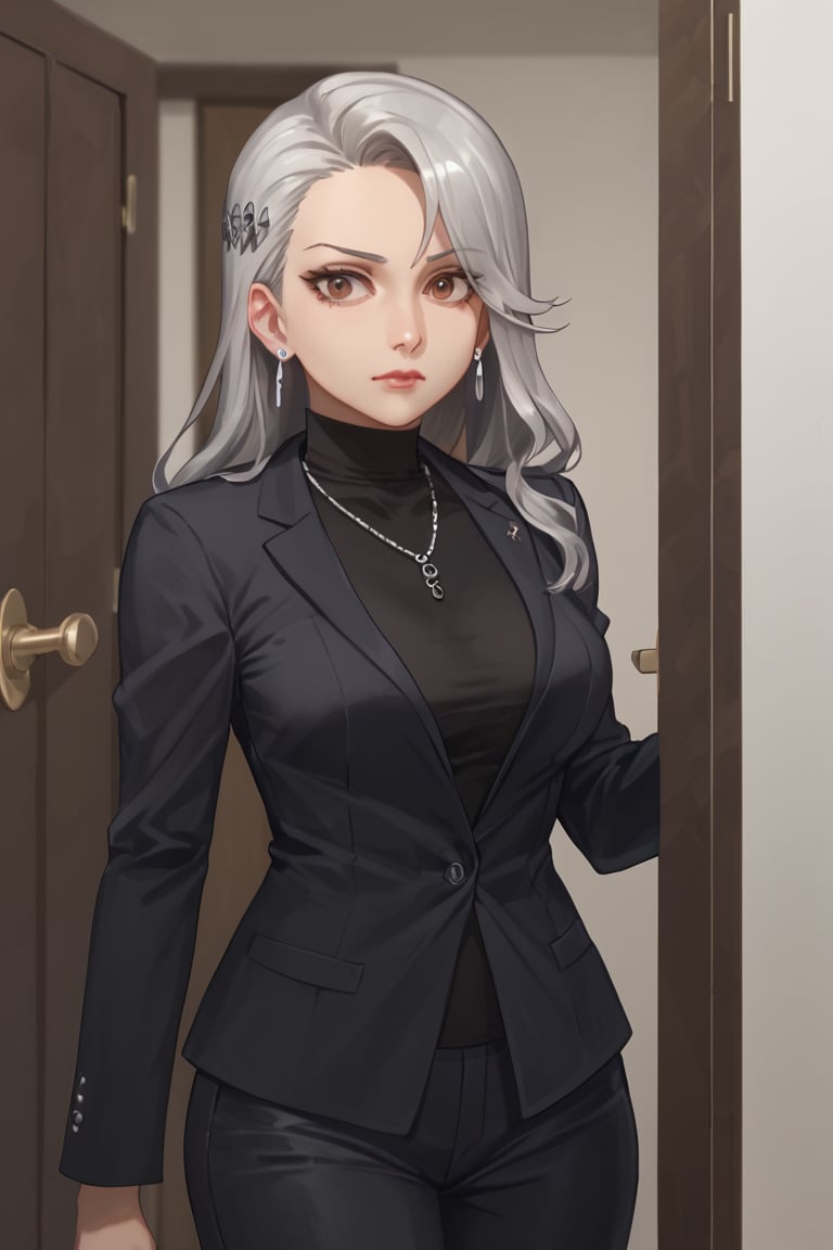 Standing,open door,surprised eyes, closed mouth, (score_9, score_8_up, score_7_up),masterpiece, high-quality,perfect anatomy, expressive eyes,(perfect face),((in room)),saeniijima,makeup, milf,largebreast, lipstick,silver hair, hair ornament, brown eyes,suits style, black jacket, long sleeves, black sweater, turtleneck sweater, black pants, earrings, necklace