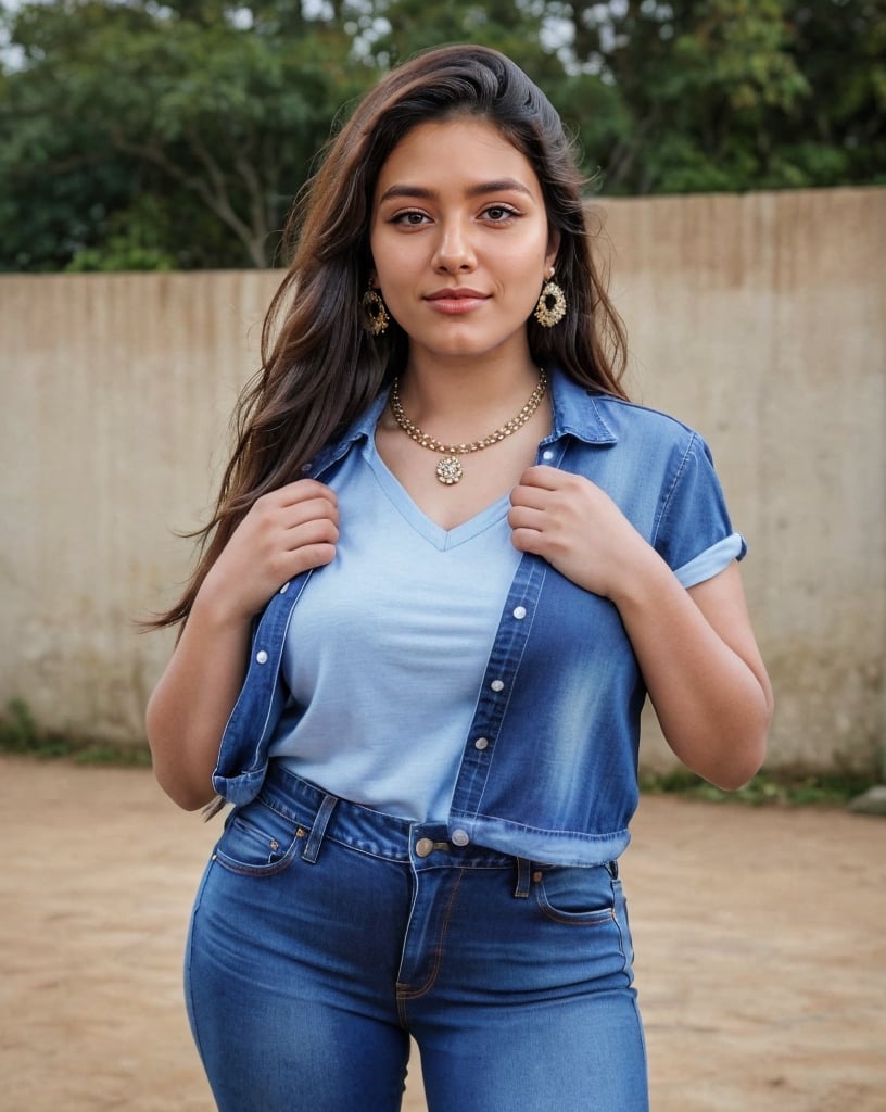 21 yr old Indian girl, curvy, Kerala girl, well shaped, fair looking, most beautiful, beauty, (()),(highly detailed face), (wearing a simple necklace, nose ring, earrings), ((wearing top blouse and jeans)),outdoors , standing on floor, in discipline , perfect pose , ((seductive smile:0.7)), ((bindi on forehead)), (bindiya), 
(perfect female body), (thicc biceps), 
hourglass body shape, (clad) ,(full dressed), (fully clothed), (covered) , little chubby body, ((())), ((looking at viewer)), (face close up view),((portrait view)) ((highly detailed skin, little skin hairs)),,((brownish skin colour)), , (thicc curvy body ),(),(slim body),, (( )),(highly detailed),(big perky chest:1.3), (fully_clothed), (),
((highly detailed skin, little skin hairs)),((highly detailed skin pores)),((8k,UHD skin detail)),
{{{highly realistic detailed face}}} 
shot by the camera,smiling, picture,photo by Wayne Pinkston, bright light, bright picture,realistic,raw,analog,portrait,photorealistic,analog,realism,real picture,clear picture,detailed face, clear face,cuteness, brightness,Detailedface detailed, (((face close up view))), ((portrait view)) ,RAW photo, 4k, masterpiece, high res, (extremely intricate),(photorealistic:1.4), high quality, best quality, uhd, realism, Ultra realistic, 16k, photo-realistic, realistic, dslr,photorealistic, 24mm, f1.8,natural hair,finely detailed skin,perfect hands, ,extremely detailed, beautiful detailed eyes, photo, real,realistic, perfect pose, portrait quality face, depth of field, 4k masterpiece, Highres, High Quality, Hi-Definition, Best Quality, perfect,front view,8k, intricate, masterpiece, Highres, High Quality, Hi-Definition, Best Quality,