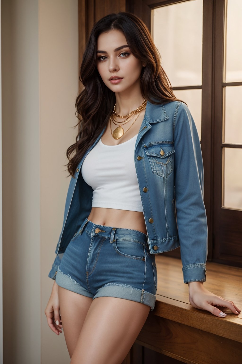 photorealistic, masterpiece, best quality, raw photo, 1girl, long hair, detailed eyes and face, big breast, high key, full_body, seductive body, slim body, beautiful legs, seductive pose, gorgeous girl, short jacket top, (short crop denim shorts), white high heels, gold necklace, sexy look