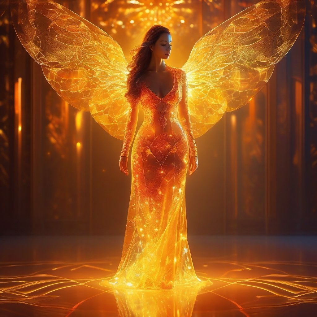 a beautiful full body translucent woman, bright color, points of internal light all over the body, amber style light, complex illustration, Mysterious