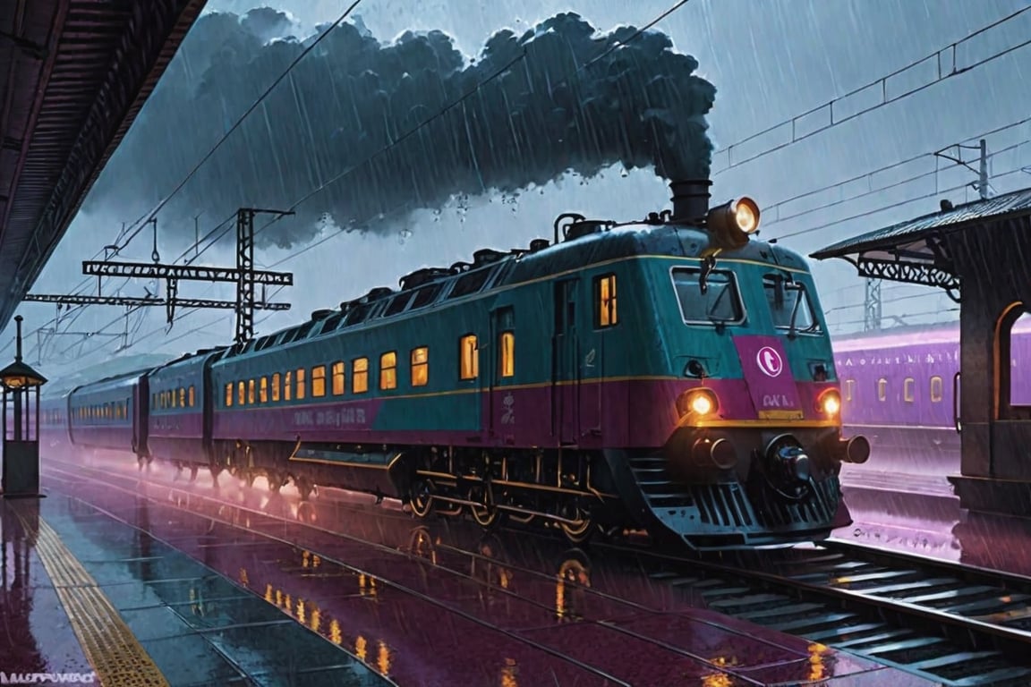 ((A train locomotive)), on rainy day in Turkey, (coming from a magic portal:1.4), Noise: 50%, is midnight, (realistic style)
(Strength 6.0), illuminated train station,
Movie Still, painting by jakub rozalski,lofi, vaporwave style