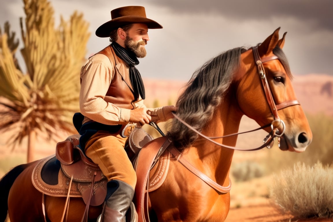 ((masterpiece, HD, 16K, realistic, real life)), rider, (singing), ride on a horse, in old west, lateral view, realistic photo, beauty photography without errors, beautiful hose, not beard,