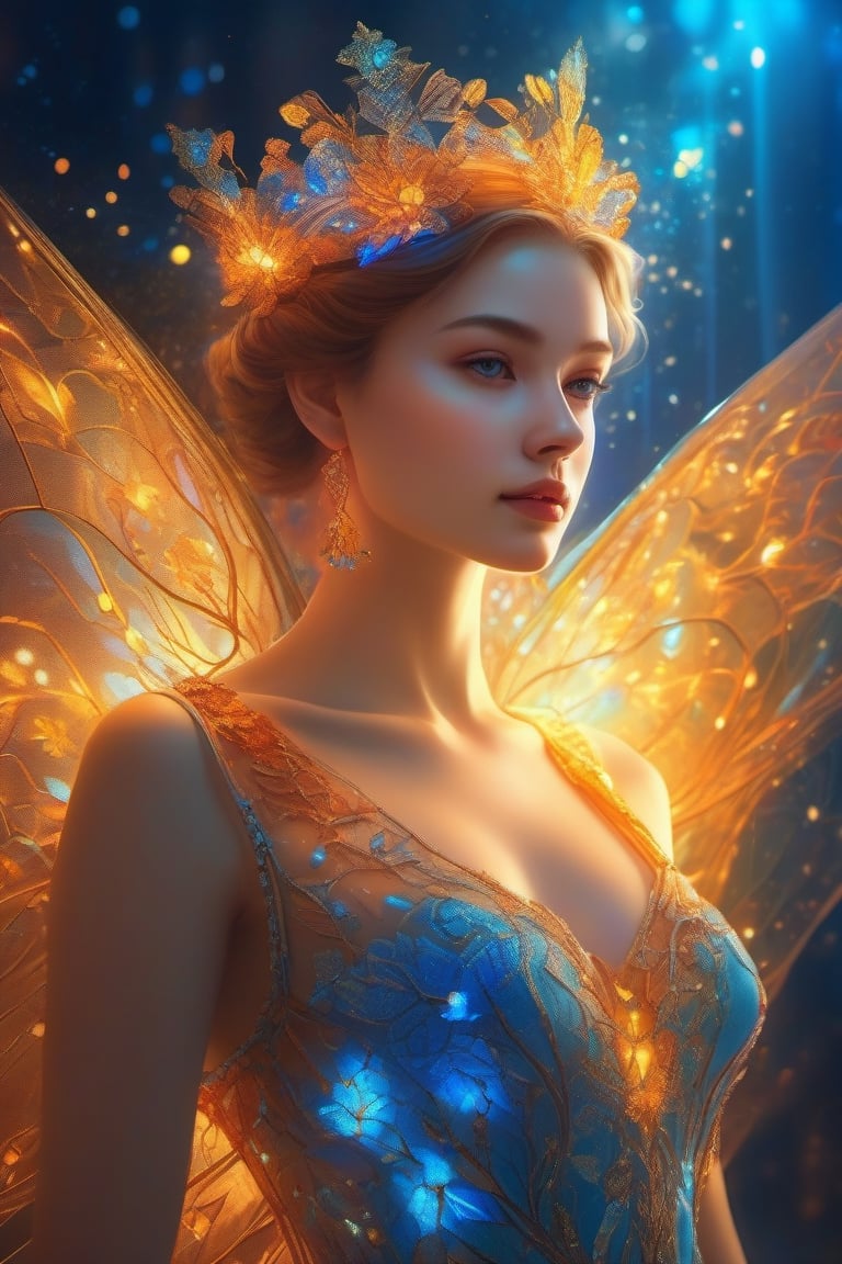 a beautiful full body translucent woman, very cute face, bright color, points of internal light all over the body, amber and blue  style light, complex illustration, Mysterious, translucent dress, no wings,