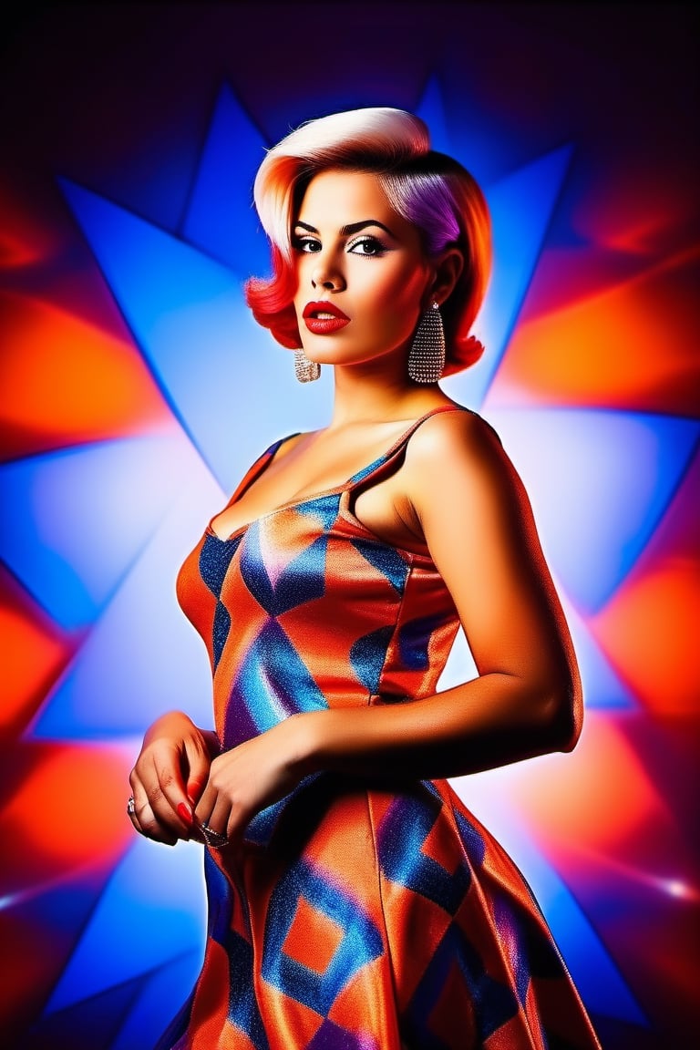 50's Vintage photo of beautiful cowboy shot of French girl with retro 60's short hair chanel cut style wearing dress RETRO psychedelic graphic colorful mini dress, (she has big breasts) , teeth, lips gloss, red lips, silver hair, wide hip, (model posing body to side looking to camera hands on chest:1.5),  (no illumination from front:1.5), big earrings, whole body, (illuminated from left back of strong blue light and orange from right back spotlight:1.5), hyper dramatic low angle camera angle stylish photo, (60's TV's  music show studio background using much smoke machine and spotlights on background:1.5),  purple and blue strong spotlights lens flare on backgroung, (the camera dutch angle:1.5), photo use  wide angle 14mm focal distance, full aperture 1.8, deep of filed, bokeh  