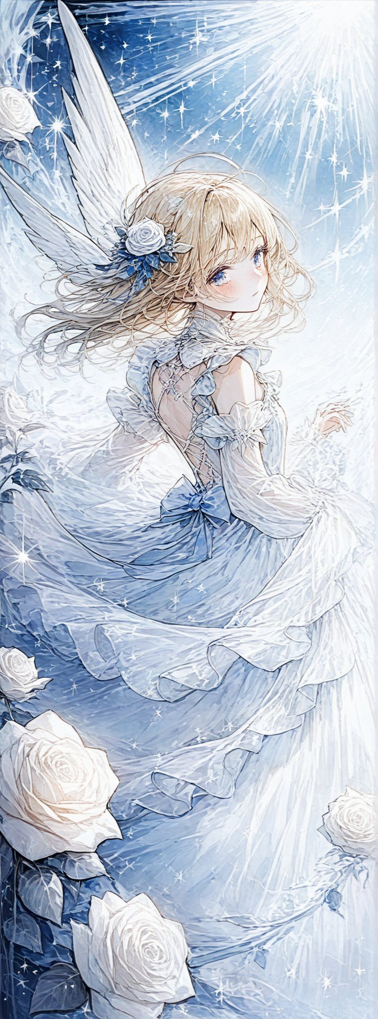 Title: "Stardust Serenade: A Heavenly Ballet"

In a realm where dreams take flight, a vision of ethereal beauty unfolds before the viewer's eyes like a delicate ballet in the heavens. A lone figure, adorned in a gown of celestial blue with accents of purest white, captures the essence of innocence and grace in a dance of starlight and roses.

The girl, with cascading locks of golden blonde hair that shimmer like threads of spun sunlight, wears a dainty blue bow in her hair that adds a touch of whimsy to her enchanting appearance. Her bangs frame a face of delicate features, with eyes that gaze directly at the viewer with a mix of curiosity and serenity, inviting them to join her in the celestial waltz.

Clad in a gown of azure hues, the girl's dress is adorned with intricate white ruffles on the shoulders and a pristine collar that accentuates her slender neck. The fabric drapes around her form in a cascade of elegance, hinting at a movement frozen in time, as if caught in the midst of a celestial dance under the moonlit sky. The dress is a symphony of frills and ribbons, a tribute to the beauty of innocence and purity.

Her wings, spread out behind her in a display of feathery splendor, shimmer with a pearlescent glow that mirrors the twinkling stars scattered across the deep blue background. Each feather seems to capture the light in a different way, creating a mesmerizing play of luminescence that adds to the otherworldly atmosphere of the scene. The wings symbolize her connection to the heavens, a celestial being caught in a moment of sublime beauty.

On either side of the image, white roses bloom in a silent ode to purity and grace, their petals a stark contrast to the deep blue backdrop that serves as a canvas for the celestial ballet unfolding before the viewer. The roses add a touch of earthly elegance to the ethereal scene, their presence a reminder of the beauty that exists in both the mortal and immortal realms.

As the girl stands with a posture of poise and elegance, her feet shod in delicate blue footwear that complements the hues of her dress, she embodies a sense of innocence and wonder that captivates the viewer's heart. Her expression, a mix of joy and tranquility, conveys a sense of inner peace and serenity that radiates from her like a beacon of light in the darkness.

Authored by kyo8sai, this magnificent creation stands as a testament to the artist's creative prowess and was brought to life on 2024-09-13.The painting is signed 'kyo8sai' on the edge.

"Stardust Serenade: A Heavenly Ballet" is a tribute to the beauty of innocence and grace, a testament to the ethereal allure of celestial beings. Through the artistry of the depiction, the viewer is invited to step into a world where beauty and purity reign supreme, where the dance of the heavens unfolds in a symphony of light and color.