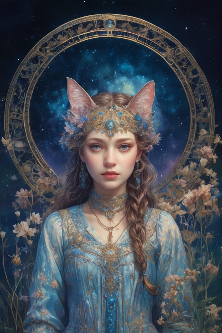 Title: "Whispered Secrets of the Celestial Felines"
In this enchanting masterpiece titled "Whispered Secrets of the Celestial Felines," we are transported to a realm where elegance and cosmic wonders intertwine. The artwork features a young girl adorned with cat ears, dressed in a ruffled dress adorned with bows, as she embarks on a captivating journey through a starlit animal sanctuary.
The girl stands amidst a breathtaking landscape, where the celestial and earthly realms merge harmoniously. Her presence, with the whimsical cat ears and a dress inspired by Art Nouveau, emanates grace and allure, perfectly complementing the ethereal atmosphere that envelops her.
The scene unfolds beneath a dazzling night sky, adorned with celestial wonders. Intricate geometric patterns and zentangle motifs weave through the air, paying homage to the beauty of Art Nouveau. The night sky becomes a tapestry, showcasing the mystical constellations of feline forms, depicting the graceful cats that dwell among the stars.
Within this celestial menagerie, the girl's gaze is drawn to a celestial telescope, inviting her to explore the secrets of the cosmos. With a sense of wonder and curiosity, she peers through the telescope, her eyes filled with awe. The telescope becomes a portal to celestial realms, inviting viewers to join her in a journey of astronomical discovery.
As she immerses herself in the night sky, the moon radiates an ethereal glow, casting its enchanting light upon the nocturnal landscape. Its mystical presence adds an aura of wonder and magic, enhancing the allure of the scene.
The girl finds herself in a serene campsite amidst a grassy plain, illuminated by the warm glow of lanterns. The campfire crackles, casting flickering shadows that dance upon the elegant Art Nouveau-inspired elements of the surroundings. The air is filled with tranquility, inviting contemplation and a connection with nature.
The art style employed in this masterpiece draws inspiration from the Art Nouveau movement, paying tribute to the iconic style of Alphonse Mucha. The intricate details, flowing lines, and organic forms captivate the eye, creating a harmonious blend of elegance and cosmic whimsy.
"Whispered Secrets of the Celestial Felines by kyo8sai 2024-06-15" invites viewers to embrace the beauty of the night sky and the enchantment of nature. The girl, with her cat ears and graceful presence, becomes a conduit for our own sense of wonder and exploration. This artwork captures the essence of a dreamlike tableau, where the celestial and artistic realms intertwine, whispering the secrets of the celestial felines and inviting us to embark on a mystical journey through the stars.