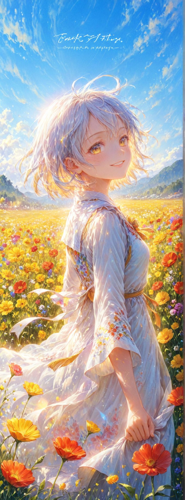 Title: "Blossoms of Gratitude: A Painter's Tribute"

In a sweeping tapestry of color and light, a young woman with a boyish charm and a radiant smile stands amidst a vibrant flower field, her short asymmetrical white hair catching the sunlight in a dance of brilliance. Her eyes, a vivid shade of green, sparkle with joy as she playfully flashes a ✌ (peace) sign with her hand, a gesture of gratitude and celebration that fills the air with a sense of warmth and happiness.

The flower field surrounding her is a symphony of hues, each petal a brushstroke of nature's own design. Blossoms in vivid shades of red, yellow, and purple sway gently in the breeze, their colors contrasting beautifully against the canvas of the clear, blue sky that stretches out above like a vast expanse of possibility and hope.

The sunlight bathes the scene in a soft, golden glow, casting gentle lens flares that add a touch of magic to the moment. The atmosphere is imbued with a sense of tranquility and serenity, the brightness of the light tempered by a softness that envelops the viewer in a cocoon of beauty and grace.

High above, elegant text floats in the sky, its message a testament to the artist's gratitude and appreciation. "Thank you 500 Followers" it reads, the words flowing like a gentle breeze through the heavens, a declaration of thanks that echoes across the vastness of the universe.

Every detail of the illustration is rendered with meticulous precision, from the intricate patterns of the flowers to the subtle nuances of the girl's features. The artist's technical skill is on full display, showcasing a mastery of craft that elevates the scene to a work of extraordinary beauty and complexity.

The mood of the piece is one of jubilation and energy, a celebration of reaching a milestone that is both meaningful and significant. The colors sing with vibrancy, each hue harmonizing with the next to create a visual symphony that uplifts the spirit and fills the heart with joy.

Authored by kyo8sai, this magnificent creation stands as a testament to the artist's creative prowess and was brought to life on 2024-09-14.The painting is signed 'kyo8sai' on the edge.

"Blossoms of Gratitude: A Painter's Tribute" is a testament to the power of art to convey emotions and express gratitude in a language that transcends words. Through the lens of this exquisite illustration, viewers are invited to bask in the glow of appreciation and revel in the beauty of nature's own creation, a canvas painted with love and gratitude for all to behold.