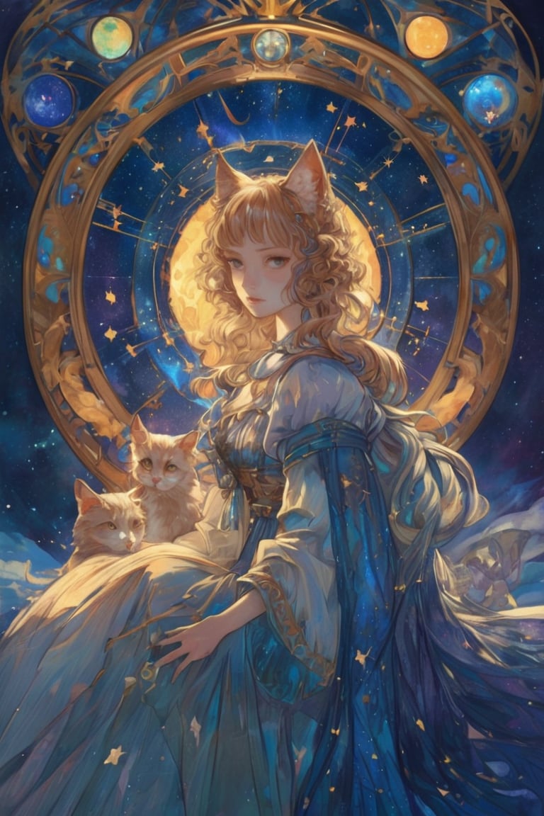 Title: "Whispered Secrets of the Celestial Felines" In this enchanting masterpiece titled "Whispered Secrets of the Celestial Felines," we are transported to a realm where elegance and cosmic wonders intertwine. The artwork features a young girl adorned with cat ears, dressed in a ruffled dress adorned with bows, as she embarks on a captivating journey through a starlit animal sanctuary. The girl stands amidst a breathtaking landscape, where the celestial and earthly realms merge harmoniously. Her presence, with the whimsical cat ears and a dress inspired by Art Nouveau, emanates grace and allure, perfectly complementing the ethereal atmosphere that envelops her. The scene unfolds beneath a dazzling night sky, adorned with celestial wonders. Intricate geometric patterns and zentangle motifs weave through the air, paying homage to the beauty of Art Nouveau. The night sky becomes a tapestry, showcasing the mystical constellations of feline forms, depicting the graceful cats that dwell among the stars. Within this celestial menagerie, the girl's gaze is drawn to a celestial telescope, inviting her to explore the secrets of the cosmos. With a sense of wonder and curiosity, she peers through the telescope, her eyes filled with awe. The telescope becomes a portal to celestial realms, inviting viewers to join her in a journey of astronomical discovery. As she immerses herself in the night sky, the moon radiates an ethereal glow, casting its enchanting light upon the nocturnal landscape. Its mystical presence adds an aura of wonder and magic, enhancing the allure of the scene. The girl finds herself in a serene campsite amidst a grassy plain, illuminated by the warm glow of lanterns. The campfire crackles, casting flickering shadows that dance upon the elegant Art Nouveau-inspired elements of the surroundings. The air is filled with tranquility, inviting contemplation and a connection with nature. The art style employed in this masterpiece draws inspiration from the Art Nouveau movement, paying tribute to the iconic style of Alphonse Mucha. The intricate details, flowing lines, and organic forms captivate the eye, creating a harmonious blend of elegance and cosmic whimsy. "Whispered Secrets of the Celestial Felines by kyo8sai 2024-06-15" invites viewers to embrace the beauty of the night sky and the enchantment of nature. The girl, with her cat ears and graceful presence, becomes a conduit for our own sense of wonder and exploration. This artwork captures the essence of a dreamlike tableau, where the celestial and artistic realms intertwine, whispering the secrets of the celestial felines and inviting us to embark on a mystical journey through the stars.
