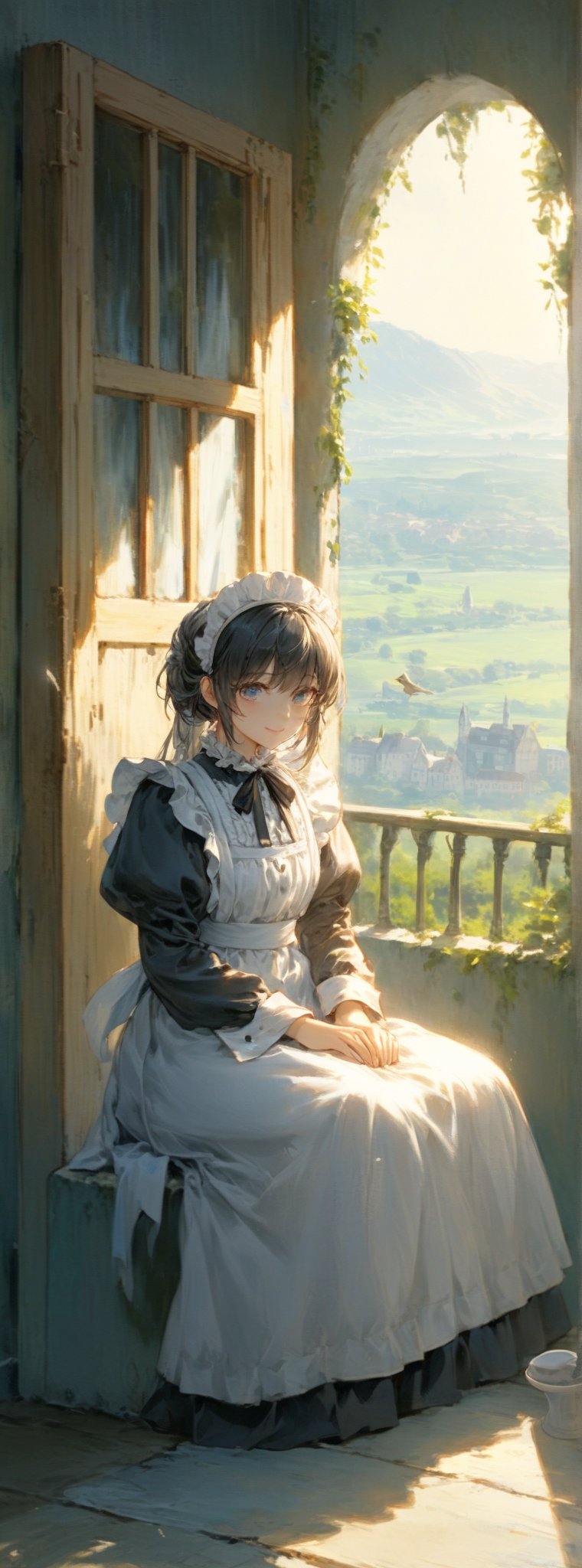 (LONDON location:1.4), 
1girl,(black hair:1.4),smile, A young girl sitting beside a window to enjoy her afternoon tea. outside is a beautiful velledge. Capturing a peaceful moment of contemplation and tranquility amidst the summer fine morning.maid dress,head dress,apron dress,white apron with tuck, Title: "Morning Serenade - A Maid's Tranquil Tea Time in the Village" In the realm of artistic brilliance, a captivating scene unfolds, capturing the essence of a young girl's peaceful afternoon tea by a window in a picturesque village. Bathed in the gentle glow of a fine summer morning, this artwork portrays a moment of contemplation and tranquility, where the young girl, dressed in a maid's attire, finds solace and serenity. At the center of the composition sits the young girl, her maid dress adorned with a head dress and an apron dress. Her white apron, delicately adorned with tucks, adds a touch of elegance to her ensemble. The maid dress symbolizes her role in serving and caring for others, while the head dress and apron dress accentuate her grace and dedication to her duties. With a serene expression upon her face, the young girl takes a moment to enjoy her tea. Her hands delicately hold the teacup, as she savors the fragrant brew, finding solace and comfort in its warmth. The soft morning light casts a gentle glow upon her, emphasizing the peacefulness of the scene. Outside the window, the viewer is treated to the beauty of the village. The vibrant colors of nature come alive, as flowers bloom their melodic serenade. The idyllic surroundings enhance the tranquility and contemplative atmosphere of the artwork, inviting the viewer to share in the young girl's moment of respite. As the viewer's gaze explores the artwork, they are enraptured by the intricate details that bring this scene to life. From the subtle folds in the young girl's maid dress to the meticulous design of her head dress and apron dress, every element contributes to the authenticity and charm of the composition. "Morning Serenade" captures the fleeting beauty of a summer fine morning, where a young girl in her maid attire embraces a moment of tranquility. It reminds us to appreciate the simple pleasures in life and find solace in the stillness of a peaceful tea time. Title: "Morning Serenade - A Maid's Tranquil Tea Time in the Village",watercolor \(medium\)

Title: "Ethereal Reverie"

In the midst of a world painted with the delicate hues of dawn, a solitary figure stands at the threshold of a mountain gate, her garment kissed by the morning dew, casting a lone shadow against the backdrop of mist and awakening peaks.

The mist unfurls, veiling the myriad peaks in a dance of dawn's arrival, as the sun's rays illuminate the subtle whispers of all living things.

Birds soar, piercing through the clouds as they embark on their journey, while wandering souls, chasing dreams, find solace in their return.

If one were to inquire about the innermost thoughts, only a prolonged sigh would be the response, a silent contemplation in the face of the morning's radiance.

This scene captures the essence of a transcendent reverie, where the convergence of light and shadow, mist and mountains, dreams and reality, creates a tapestry of beauty and introspection. The figure embodies a sense of longing and contemplation, a soul at one with the ethereal realm of nature's unfolding drama.

Authored by kyo8sai, this magnificent creation stands as a testament to the artist's creative prowess and was brought to life on 2024-08-26.The painting is signed 'kyo8sai' on the edge.

In this ethereal reverie, the delicate balance between darkness and light, solitude and connection, is explored with a poetic grace that invites the viewer to ponder the mysteries of the heart and the soul. The artwork stands as a testament to the eternal dance of existence, where the beauty of the natural world intertwines with the depths of human emotion, weaving a narrative of introspection and wonder that transcends time and space. 
