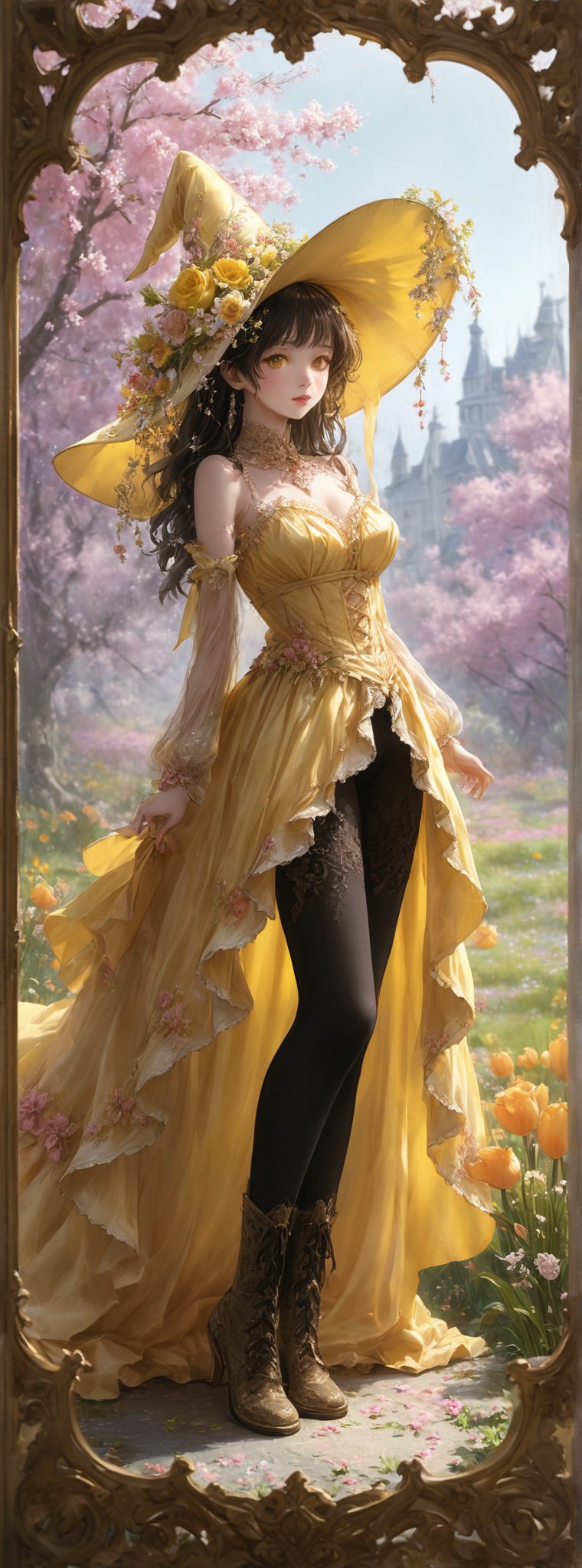 (pastel yellow color theme:1.4),
Title: Enchanted Blossoms - Pink Witch Couture

In the mesmerizing realm of Enchanted Blossoms - Pink Witch Couture, a captivating visual symphony unfolds, marrying the mystical allure of witchcraft with the delicate beauty of spring flowers. The spotlight shines on a singular figure, a Pink Witch adorned in a whimsical ensemble that exudes enchantment and charm.

The transformation begins with a pink velvet or satin dress, intricately embellished with lace or mesh accents that add a touch of femininity and grace. The fabric flows elegantly, embracing the wearer in a soft embrace that whispers of magic and mystery.

Adorned upon the Pink Witch's head is a floral witch hat, a masterpiece of design featuring a wide brim adorned with faux flowers in a myriad of pink hues. Each petal and bloom dances in harmony, adding a burst of color and whimsy to the ensemble, casting a spell of enchantment upon all who gaze upon it.

Completing the enchanting look are black tights or fishnet stockings that wrap the legs in a veil of mystery, paired with lace-up boots that add a hint of edge to the ethereal aesthetic. A wand, intricately embellished with floral details, serves as the final touch, enhancing the magical aura that surrounds the Pink Witch.

Authored by kyo8sai, this magnificent creation stands as a testament to the artist's creative prowess and was brought to life on 2024-08-14.The painting is signed 'kyo8sai' on the edge.

This costume is a harmonious blend of witchcraft's mystique and the delicate beauty of spring flowers, creating a spellbinding ensemble that is perfect for themed parties, cosplay events, or the enchanting celebrations of Halloween. The Pink Witch stands as a beacon of whimsy and charm, a vision of ethereal beauty that captivates hearts and minds with her enchanting presence.