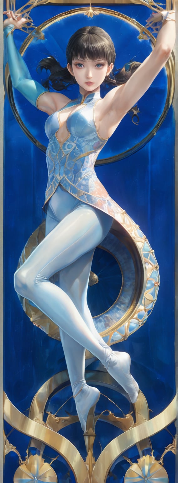 (pastel blue color theme:1.4),
(art nouveau style(The Law of Symmetry,golden ratio (approx. 1.6180339887)):1.3),
Title: "Graceful Elegance"
In the heart of a grand Olympic venue, the stage is set for a mesmerizing display of artistry and athleticism as a captivating rhythmic gymnast takes center spotlight. Her lithe body is captured mid-performance, arched in a pose that exudes elegance and grace. With extraordinary flexibility and control, her long, toned limbs extend with a fluidity that mesmerizes all who behold her.

Dressed in a form-fitting leotard adorned with sparkling crystals that catch and reflect the arena lights, she embodies a vision of beauty and strength. The dazzling costume adds a touch of glamour to her performance, enhancing the visual spectacle as she moves with precision and poise.

The gymnast's skill is showcased as she executes a mesmerizing routine, perhaps with a colorful ribbon spiraling behind her in a hypnotic dance. Alternatively, she may be balancing a hoop or ball with impeccable grace, or manipulating clubs with fluid movements that speak to her mastery of the art form.

Her face, framed by an impeccable hairstyle that complements her every movement, reflects a mix of intense focus and performative flair. Every muscle in her body is visibly engaged, from her pointed toes that barely touch the ground to her expressive fingertips that add a dynamic energy to her performance.

The background, slightly blurred to emphasize the gymnast's presence, hints at the grandeur of the Olympic venue without overshadowing the main subject. Suspended in motion, the tension in her perfectly sculpted body is palpable, conveying the dedication and skill required to excel in rhythmic gymnastics.

Using vibrant colors to evoke a sense of dynamism and energy, the composition captures the beauty and athleticism of the gymnast's performance in exquisite detail. The photorealistic rendering enhances every nuance of her movements, creating a masterpiece that celebrates the artistry and dedication of rhythmic gymnastics.
Authored by kyo8sai, this magnificent creation stands as a testament to the artist's creative prowess and was brought to life on 2024-08-04.The painting is signed 'kyo8sai' on the edge.
"Graceful Elegance," inspired by the spirit of Mikie Hara, embodies the essence of a rhythmic gymnast at the peak of her art, showcasing the fusion of grace, strength, and artistry that defines this captivating sport.,watercolor \(medium\)