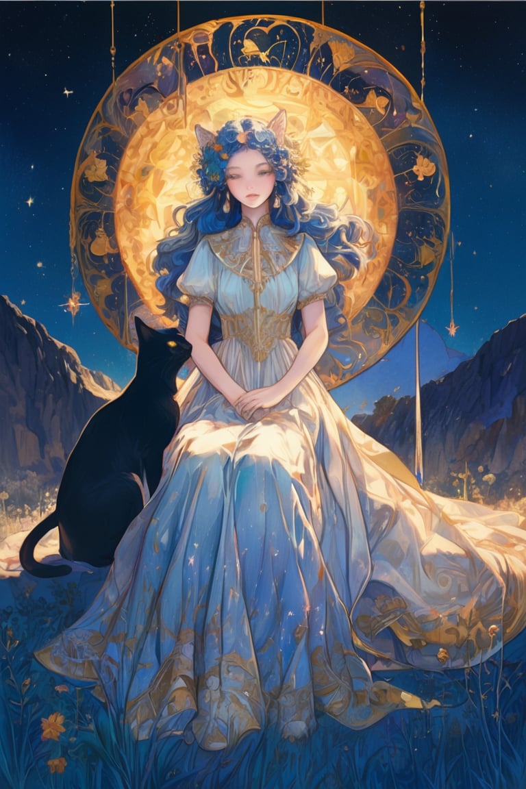 Title: "Whispered Secrets of the Celestial Felines"
In this enchanting masterpiece titled "Whispered Secrets of the Celestial Felines," we are transported to a realm where elegance and cosmic wonders intertwine. The artwork features a young girl adorned with cat ears, dressed in a ruffled dress adorned with bows, as she embarks on a captivating journey through a starlit animal sanctuary.
The girl stands amidst a breathtaking landscape, where the celestial and earthly realms merge harmoniously. Her presence, with the whimsical cat ears and a dress inspired by Art Nouveau, emanates grace and allure, perfectly complementing the ethereal atmosphere that envelops her.
The scene unfolds beneath a dazzling night sky, adorned with celestial wonders. Intricate geometric patterns and zentangle motifs weave through the air, paying homage to the beauty of Art Nouveau. The night sky becomes a tapestry, showcasing the mystical constellations of feline forms, depicting the graceful cats that dwell among the stars.
Within this celestial menagerie, the girl's gaze is drawn to a celestial telescope, inviting her to explore the secrets of the cosmos. With a sense of wonder and curiosity, she peers through the telescope, her eyes filled with awe. The telescope becomes a portal to celestial realms, inviting viewers to join her in a journey of astronomical discovery.
As she immerses herself in the night sky, the moon radiates an ethereal glow, casting its enchanting light upon the nocturnal landscape. Its mystical presence adds an aura of wonder and magic, enhancing the allure of the scene.
The girl finds herself in a serene campsite amidst a grassy plain, illuminated by the warm glow of lanterns. The campfire crackles, casting flickering shadows that dance upon the elegant Art Nouveau-inspired elements of the surroundings. The air is filled with tranquility, inviting contemplation and a connection with nature.
The art style employed in this masterpiece draws inspiration from the Art Nouveau movement, paying tribute to the iconic style of Alphonse Mucha. The intricate details, flowing lines, and organic forms captivate the eye, creating a harmonious blend of elegance and cosmic whimsy.
"Whispered Secrets of the Celestial Felines by kyo8sai 2024-06-15" invites viewers to embrace the beauty of the night sky and the enchantment of nature. The girl, with her cat ears and graceful presence, becomes a conduit for our own sense of wonder and exploration. This artwork captures the essence of a dreamlike tableau, where the celestial and artistic realms intertwine, whispering the secrets of the celestial felines and inviting us to embark on a mystical journey through the stars.