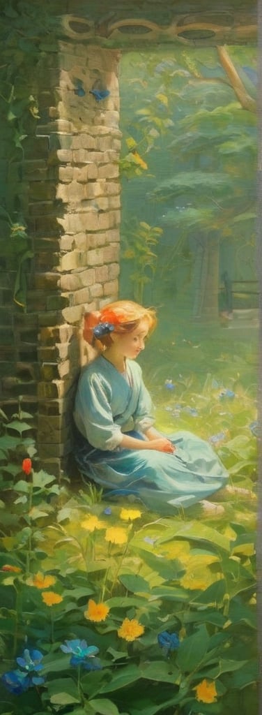 Title: "Whispers of Spring: A Tapestry of Innocence"
Subtitle: Embracing Serenity

In a quaint old Japanese house, a scene unfolds with the delicate charm of blossoms in bloom. A young girl, adorned in a vibrant red cap and a pristine white shirt, sits gracefully upon the polished wooden floor, her presence a beacon of tranquility amidst the ancient walls adorned with green tiles that whisper of stories untold. The soft glow of sunlight streams in through a weathered window, casting a golden hue that bathes the room in a warm embrace, illuminating every corner with a sense of gentle nostalgia and timeless beauty.

Above her, a cascade of colorful flowers descends like a gentle rain, their petals fluttering in a silent dance as they drift towards the ground, adding a touch of whimsy and enchantment to the serene tableau. Each bloom, a delicate masterpiece of nature's artistry, brings a splash of vibrancy and life to the tranquil setting, infusing the air with the sweet fragrance of spring and renewal. The juxtaposition of the girl's youthful innocence against the backdrop of the ancient house creates a harmonious blend of past and present, a moment suspended in time that resonates with the essence of eternal beauty.

Beside her, a wooden frame stands tall, its surface adorned with a blank page awaiting the touch of inspiration. The simplicity of the frame, a stark contrast to the intricate details of the surrounding environment, serves as a canvas for creativity and imagination, a portal to a world where dreams take flight and stories unfold in a symphony of words and colors. The empty page, a symbol of endless possibilities and untold tales, beckons to be filled with the girl's visions and musings, inviting her to weave her own tapestry of wonder and delight.

As she sits in quiet contemplation, the girl embodies a sense of peace and contentment, her gaze fixed upon the blank page with a spark of curiosity and anticipation. The soft rustle of the falling flowers, the gentle creak of the wooden floor, and the distant hum of nature outside all blend together in a melodic symphony of serenity, creating a moment of pure bliss and harmony that transcends the boundaries of time and space.

Authored by kyo8sai, this magnificent creation stands as a testament to the artist's creative prowess and was brought to life on 2024-09-10.The painting is signed 'kyo8sai' on the edge.

"Whispers of Spring: A Tapestry of Innocence" captures a fleeting moment of beauty and tranquility, a glimpse into a world where magic and reality intertwine in a dance of light and shadow. In this enchanting scene, the girl and her surroundings merge in a symphony of colors and textures, inviting the viewer to lose themselves in a realm where imagination knows no bounds and the heart finds solace in the embrace of nature's eternal grace.