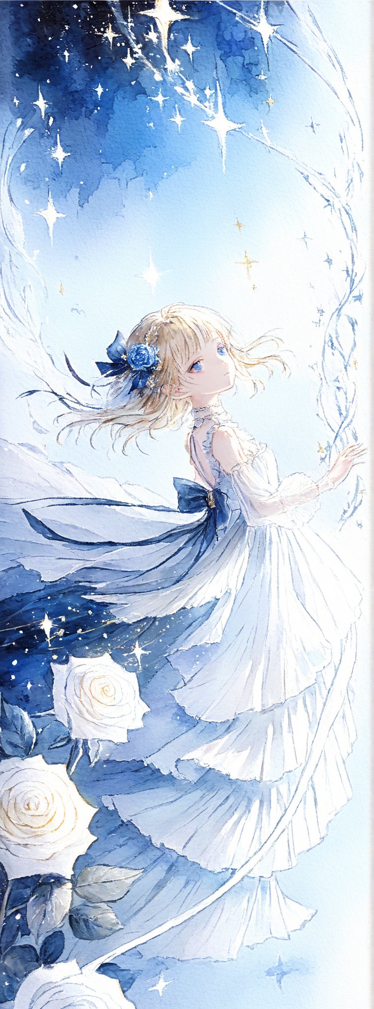 Title: "Stardust Serenade: A Heavenly Ballet"

In a realm where dreams take flight, a vision of ethereal beauty unfolds before the viewer's eyes like a delicate ballet in the heavens. A lone figure, adorned in a gown of celestial blue with accents of purest white, captures the essence of innocence and grace in a dance of starlight and roses.

The girl, with cascading locks of golden blonde hair that shimmer like threads of spun sunlight, wears a dainty blue bow in her hair that adds a touch of whimsy to her enchanting appearance. Her bangs frame a face of delicate features, with eyes that gaze directly at the viewer with a mix of curiosity and serenity, inviting them to join her in the celestial waltz.

Clad in a gown of azure hues, the girl's dress is adorned with intricate white ruffles on the shoulders and a pristine collar that accentuates her slender neck. The fabric drapes around her form in a cascade of elegance, hinting at a movement frozen in time, as if caught in the midst of a celestial dance under the moonlit sky. The dress is a symphony of frills and ribbons, a tribute to the beauty of innocence and purity.

Her wings, spread out behind her in a display of feathery splendor, shimmer with a pearlescent glow that mirrors the twinkling stars scattered across the deep blue background. Each feather seems to capture the light in a different way, creating a mesmerizing play of luminescence that adds to the otherworldly atmosphere of the scene. The wings symbolize her connection to the heavens, a celestial being caught in a moment of sublime beauty.

On either side of the image, white roses bloom in a silent ode to purity and grace, their petals a stark contrast to the deep blue backdrop that serves as a canvas for the celestial ballet unfolding before the viewer. The roses add a touch of earthly elegance to the ethereal scene, their presence a reminder of the beauty that exists in both the mortal and immortal realms.

As the girl stands with a posture of poise and elegance, her feet shod in delicate blue footwear that complements the hues of her dress, she embodies a sense of innocence and wonder that captivates the viewer's heart. Her expression, a mix of joy and tranquility, conveys a sense of inner peace and serenity that radiates from her like a beacon of light in the darkness.

Authored by kyo8sai, this magnificent creation stands as a testament to the artist's creative prowess and was brought to life on 2024-09-13.The painting is signed 'kyo8sai' on the edge.

"Stardust Serenade: A Heavenly Ballet" is a tribute to the beauty of innocence and grace, a testament to the ethereal allure of celestial beings. Through the artistry of the depiction, the viewer is invited to step into a world where beauty and purity reign supreme, where the dance of the heavens unfolds in a symphony of light and color.