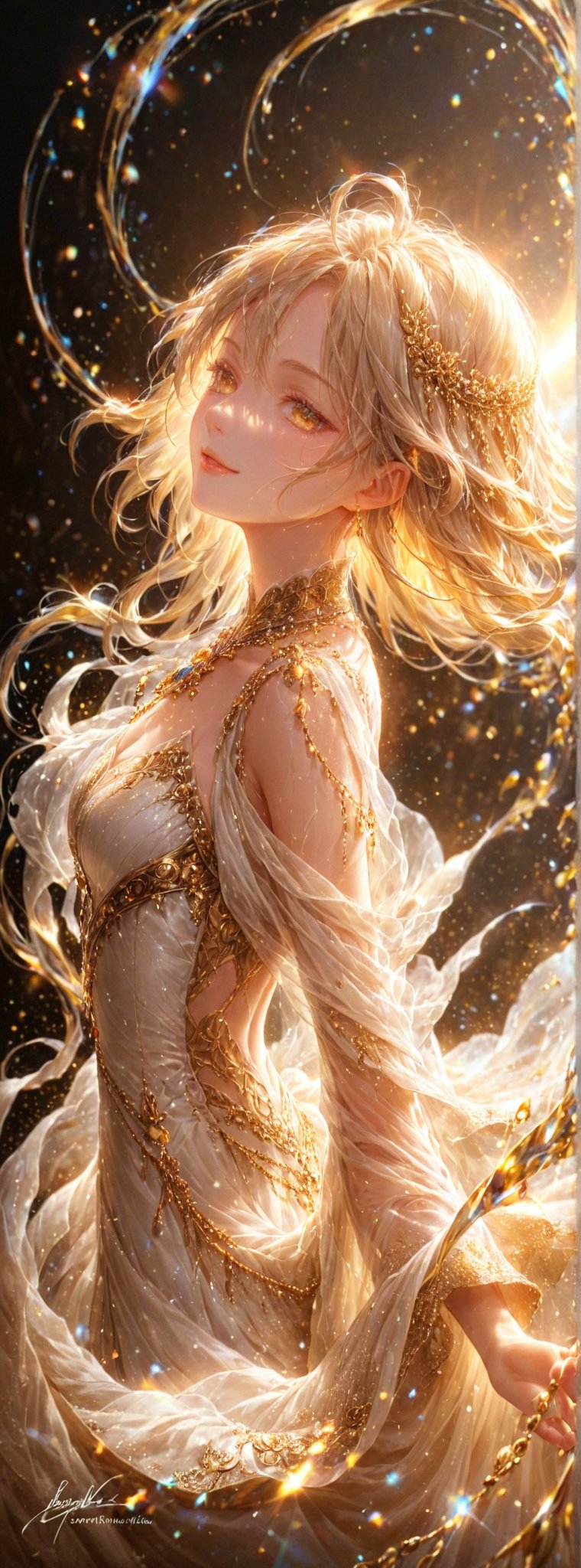 Title: "Gilded Radiance: A Symphony of Light"

In a scene that unfolds like a painting brought to life, an elegant figure graces the canvas, her platinum locks cascading like liquid silver around her. Adorned with ornate golden jewelry that gleams with a luster that rivals the sun itself, she embodies a regal grace that captivates the eye and stirs the soul.

The character is draped in a dress of ethereal beauty, a delicate dance of white and gold that seems to shimmer and shift with every movement. The intricate details of the gown accentuate her slender form, creating a silhouette that is both timeless and enchanting. Against a backdrop of dramatic lighting, every curve and contour is accentuated, casting her in a celestial glow that sets her apart as a beacon of elegance and sophistication.

As the light plays upon her features, delicate shadows dance across her face, highlighting eyes that sparkle with a hidden depth and lips that curve in a subtle smile of mystery and allure. Each element of the composition is carefully crafted to evoke a sense of drama and romance, drawing the viewer into a world where beauty reigns supreme and every detail is a masterpiece waiting to be discovered.

Authored by kyo8sai, this magnificent creation stands as a testament to the artist's creative prowess and was brought to life on 2024-09-15.The painting is signed 'kyo8sai' on the edge.

"Gilded Radiance: A Symphony of Light" is a celebration of opulence and grace, a testament to the artist's skill in capturing the essence of beauty in its purest form. Through the interplay of light and shadow, color and texture, the artwork invites all who behold it to bask in the radiant glow of a world where elegance and splendor reign supreme, and where every glance reveals a new facet of the exquisite tapestry of artistry and imagination.