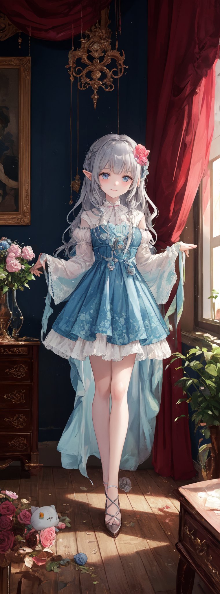 Prompt: Title: "Enchanted Whispers"In a mesmerizing visual masterpiece that exudes the finest quality, a single figure captivates the viewer with a gentle smile and a face of exquisite beauty, portrayed with meticulous attention to detail. The girl, with her silver hair styled in a delicate braid adorned with a ribbon, embodies a sense of ethereal charm in the style reminiscent of William Morris and the intricate illustrations by WOLP.Her captivating gaze meets the viewer's eyes with a sense of depth, drawing them into the enchanting world of art nouveau and ultra-detailed craftsmanship. The scene is bathed in cinematic lighting, accentuating the floral prints and delicate lace curtains that adorn the background, creating a dreamy atmosphere reminiscent of a watercolor painting with soft blending and organic shapes.Surrounded by a mini flower garden and a room filled with kawaii elements, from macarons to heart items and ribbons, the girl stands as a vision of elegance amidst the whimsical chaos. The room, a blend of pink gothic and pastel colors, exudes a sense of fairy tale charm with its miscellaneous goods and antimacassar draped over the dresser.In contrast to the girl, a lone elf boy with silver hair stands in a full-body shot, adding a touch of mystery and fantasy to the composition. The dollcastle in the background is adorned with stars, flowers, and gems, creating a cute and sweet illustration that evokes a sense of nostalgia and wonder.The room is filled with light blue and pink roses, macarons, and a variety of kawaii elements that enhance the whimsical atmosphere. The dollhouse features charming details like stars, hearts, and candies, all rendered in a flat color style that adds to the overall enchanting aesthetic.Authored by kyo8sai, this magnificent creation stands as a testament to the artist's creative prowess and was brought to life on 2024-09-03.The painting is signed 'kyo8sai' on the edge."Enchanted Whispers" is a visual symphony of beauty and charm, a fusion of art nouveau elegance and kawaii cuteness that transports the viewer to a world of magic and wonder. The delicate balance of detailed beauty and whimsical elements creates a sense of harmony and joy, inviting the viewer to immerse themselves in a realm where dreams come to life in the most enchanting way.,