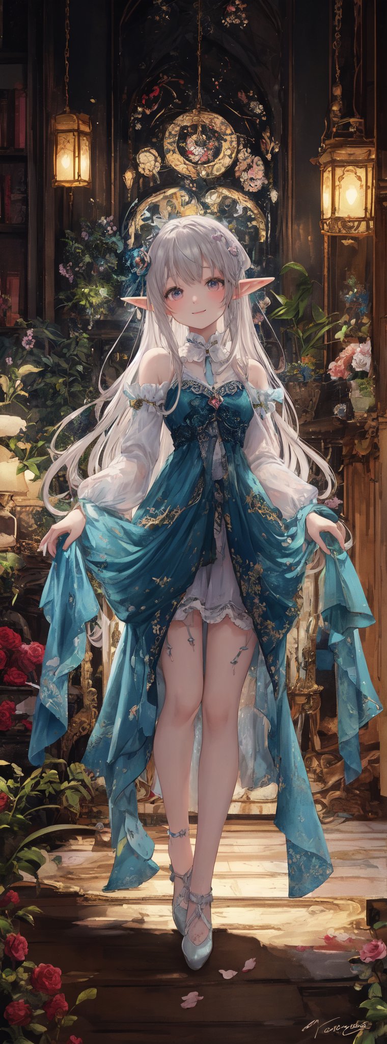 Prompt: Title: "Enchanted Whispers"In a mesmerizing visual masterpiece that exudes the finest quality, a single figure captivates the viewer with a gentle smile and a face of exquisite beauty, portrayed with meticulous attention to detail. The girl, with her silver hair styled in a delicate braid adorned with a ribbon, embodies a sense of ethereal charm in the style reminiscent of William Morris and the intricate illustrations by WOLP.Her captivating gaze meets the viewer's eyes with a sense of depth, drawing them into the enchanting world of art nouveau and ultra-detailed craftsmanship. The scene is bathed in cinematic lighting, accentuating the floral prints and delicate lace curtains that adorn the background, creating a dreamy atmosphere reminiscent of a watercolor painting with soft blending and organic shapes.Surrounded by a mini flower garden and a room filled with kawaii elements, from macarons to heart items and ribbons, the girl stands as a vision of elegance amidst the whimsical chaos. The room, a blend of pink gothic and pastel colors, exudes a sense of fairy tale charm with its miscellaneous goods and antimacassar draped over the dresser.In contrast to the girl, a lone elf boy with silver hair stands in a full-body shot, adding a touch of mystery and fantasy to the composition. The dollcastle in the background is adorned with stars, flowers, and gems, creating a cute and sweet illustration that evokes a sense of nostalgia and wonder.The room is filled with light blue and pink roses, macarons, and a variety of kawaii elements that enhance the whimsical atmosphere. The dollhouse features charming details like stars, hearts, and candies, all rendered in a flat color style that adds to the overall enchanting aesthetic.Authored by kyo8sai, this magnificent creation stands as a testament to the artist's creative prowess and was brought to life on 2024-09-03.The painting is signed 'kyo8sai' on the edge."Enchanted Whispers" is a visual symphony of beauty and charm, a fusion of art nouveau elegance and kawaii cuteness that transports the viewer to a world of magic and wonder. The delicate balance of detailed beauty and whimsical elements creates a sense of harmony and joy, inviting the viewer to immerse themselves in a realm where dreams come to life in the most enchanting way.,