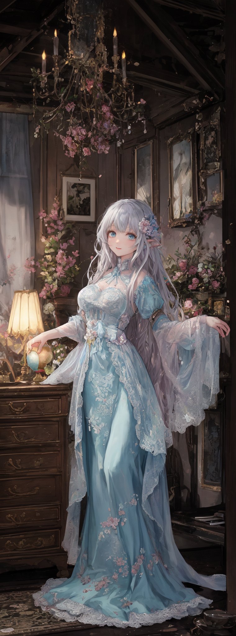 Prompt: Title: "Enchanted Whispers"In a mesmerizing visual masterpiece that exudes the finest quality, a single figure captivates the viewer with a gentle smile and a face of exquisite beauty, portrayed with meticulous attention to detail. The girl, with her silver hair styled in a delicate braid adorned with a ribbon, embodies a sense of ethereal charm in the style reminiscent of William Morris and the intricate illustrations by WOLP.Her captivating gaze meets the viewer's eyes with a sense of depth, drawing them into the enchanting world of art nouveau and ultra-detailed craftsmanship. The scene is bathed in cinematic lighting, accentuating the floral prints and delicate lace curtains that adorn the background, creating a dreamy atmosphere reminiscent of a watercolor painting with soft blending and organic shapes.Surrounded by a mini flower garden and a room filled with kawaii elements, from macarons to heart items and ribbons, the girl stands as a vision of elegance amidst the whimsical chaos. The room, a blend of pink gothic and pastel colors, exudes a sense of fairy tale charm with its miscellaneous goods and antimacassar draped over the dresser.In contrast to the girl, a lone elf boy with silver hair stands in a full-body shot, adding a touch of mystery and fantasy to the composition. The dollcastle in the background is adorned with stars, flowers, and gems, creating a cute and sweet illustration that evokes a sense of nostalgia and wonder.The room is filled with light blue and pink roses, macarons, and a variety of kawaii elements that enhance the whimsical atmosphere. The dollhouse features charming details like stars, hearts, and candies, all rendered in a flat color style that adds to the overall enchanting aesthetic.Authored by kyo8sai, this magnificent creation stands as a testament to the artist's creative prowess and was brought to life on 2024-09-03.The painting is signed 'kyo8sai' on the edge."Enchanted Whispers" is a visual symphony of beauty and charm, a fusion of art nouveau elegance and kawaii cuteness that transports the viewer to a world of magic and wonder. The delicate balance of detailed beauty and whimsical elements creates a sense of harmony and joy, inviting the viewer to immerse themselves in a realm where dreams come to life in the most enchanting way.,