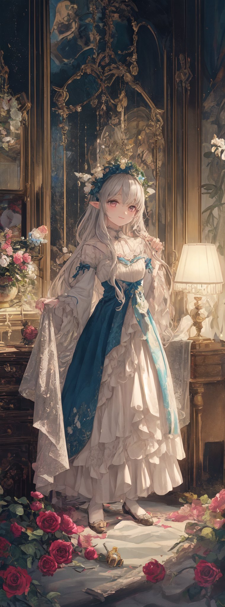 Prompt: Title: "Enchanted Whispers"In a mesmerizing visual masterpiece that exudes the finest quality, a single figure captivates the viewer with a gentle smile and a face of exquisite beauty, portrayed with meticulous attention to detail. The girl, with her silver hair styled in a delicate braid adorned with a ribbon, embodies a sense of ethereal charm in the style reminiscent of William Morris and the intricate illustrations by WOLP.Her captivating gaze meets the viewer's eyes with a sense of depth, drawing them into the enchanting world of art nouveau and ultra-detailed craftsmanship. The scene is bathed in cinematic lighting, accentuating the floral prints and delicate lace curtains that adorn the background, creating a dreamy atmosphere reminiscent of a watercolor painting with soft blending and organic shapes.Surrounded by a mini flower garden and a room filled with kawaii elements, from macarons to heart items and ribbons, the girl stands as a vision of elegance amidst the whimsical chaos. The room, a blend of pink gothic and pastel colors, exudes a sense of fairy tale charm with its miscellaneous goods and antimacassar draped over the dresser.In contrast to the girl, a lone elf boy with silver hair stands in a full-body shot, adding a touch of mystery and fantasy to the composition. The dollcastle in the background is adorned with stars, flowers, and gems, creating a cute and sweet illustration that evokes a sense of nostalgia and wonder.The room is filled with light blue and pink roses, macarons, and a variety of kawaii elements that enhance the whimsical atmosphere. The dollhouse features charming details like stars, hearts, and candies, all rendered in a flat color style that adds to the overall enchanting aesthetic.Authored by kyo8sai, this magnificent creation stands as a testament to the artist's creative prowess and was brought to life on 2024-09-03.The painting is signed 'kyo8sai' on the edge."Enchanted Whispers" is a visual symphony of beauty and charm, a fusion of art nouveau elegance and kawaii cuteness that transports the viewer to a world of magic and wonder. The delicate balance of detailed beauty and whimsical elements creates a sense of harmony and joy, inviting the viewer to immerse themselves in a realm where dreams come to life in the most enchanting way.,