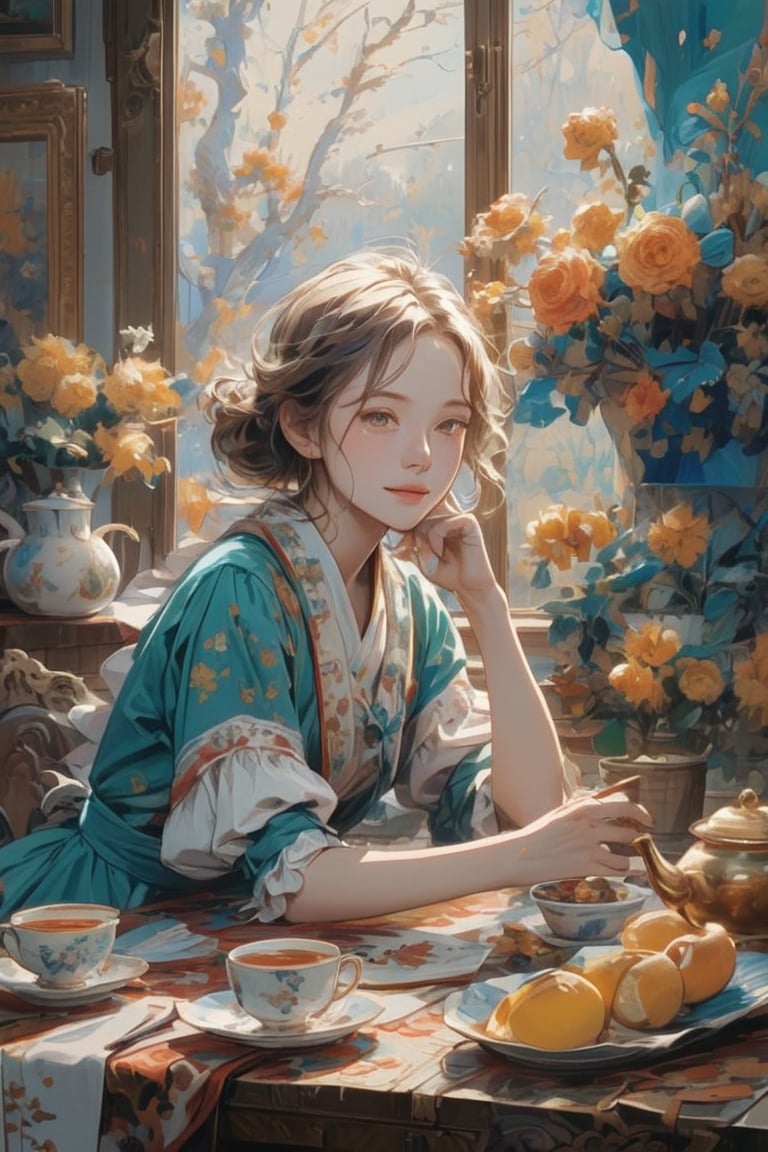1girl,Ruffled dress with bows,summer dress,
Still life painting,tea set,

Title: "Emerald Whispers: A Captivating Still Life"
In this enchanting still life painting, we are transported to a world of beauty and imagination. The focal point of the composition is an extremely beautiful anime girl, exuding a captivating charm that is reminiscent of the works of Nicola Samori. Dressed in traditional Irish clothing, she brings a touch of Irish heritage to the canvas.
With a smile that radiates warmth and joy, the girl's sharp blue eyes are like shimmering sapphires, drawing the viewer into her world. Her long, flowing red hair cascades gently around her, adding a vibrant burst of color to the painting. Freckles delicately adorn her face, enhancing her natural beauty, while a subtle blush brings a touch of rosy innocence to her cheeks.
The artist, inspired by the styles of James Jean, Roby Dwi Antono, Ross Tran, Francis Bacon, Michal Mraz, Adrian Ghenie, Petra Cortright, Gerhard Richter, Takato Yamamoto, Ashley Wood, has crafted this masterpiece with meticulous attention to detail. Each brushstroke captures the complexity and depth of the girl's features, bringing her to life on the canvas.
In the background of the painting, a carefully arranged tea set adds an element of sophistication and tranquility. The delicate porcelain cups and saucers, adorned with intricate patterns, invite the viewer to imagine the aromatic tea filling the air with its gentle aroma. The play of light and shadow adds depth and dimension to the scene, creating a sense of realism and serenity.
Titled "Emerald Whispers: A Captivating Still Life,by kyo8sai 2024-06-12.  " this painting seamlessly blends the beauty of an extremely beautiful anime girl with the elegance of a traditional Irish setting. It pays homage to the artistic styles of renowned artists, resulting in a visually stunning composition that captivates the viewer's imagination.
With its meticulous attention to detail, vibrant colors, and a touch of whimsy, this still life painting invites us to appreciate the beauty in the simplest of moments and transports us to a realm where imagination and reality intertwine. It is a celebration of the enchanting allure found in both art and the human spirit.