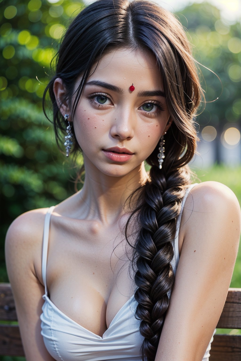 Protrait, photograph, androgynous hunnuman, oval jaw, delicate features, beautiful face, dreadlocked hair, long bangs, long ponytail, bright blue-green eyes,  indianhindu setting on the bench shy and cute clevage,b3rli,blurry_light_background