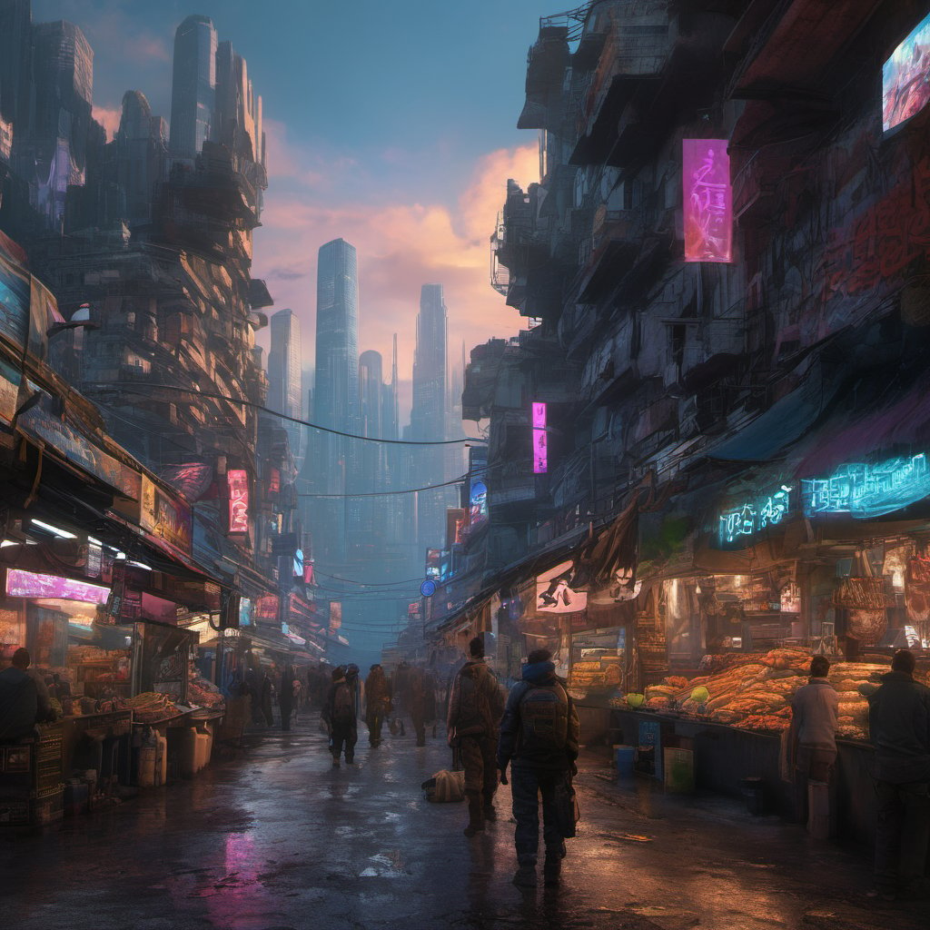 Cyberpunk city, street vendors, citizens, augmented cyborgs, robots, skyscapers, buildings, detailled person in font, clouds, sunset, painted by seb mckinnon, street-level, high detail, digital art, trending on artstation