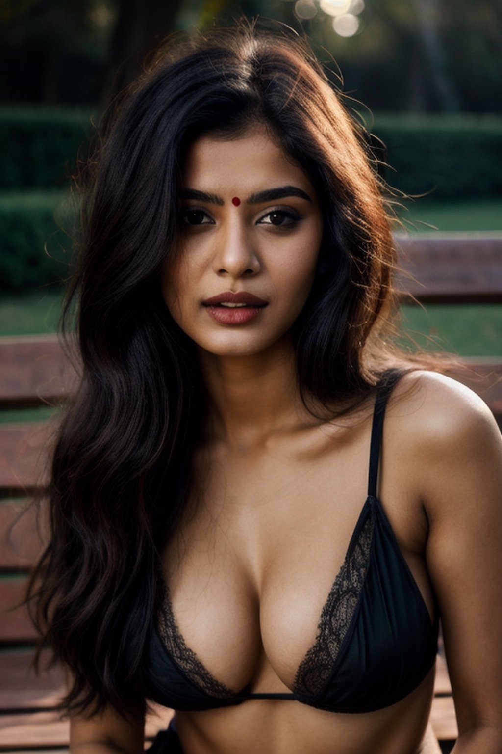 a beautiful indian girl20y portrait
 ,ultrarealistick 8k  super sexy hot clevage sedative  lustful in black net sare setting on the bench hyperditailed dark makeup super realistic

 ,blurry_light_background,AI_Misaki 