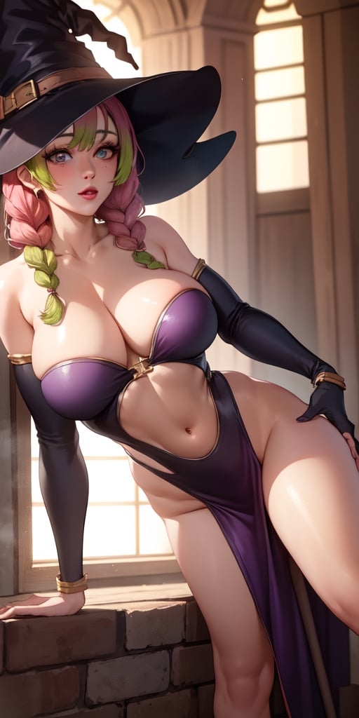 NSFW Test of Perfect Witch model(8K, photorealistic, high_resolution, realistic), model shoot, a naked woman wearing a witch hat standing in a medieval castl...,High detailed ,outfit-km,purple dress,pelvic curtain,priestess,mitsuri(demon slayer)