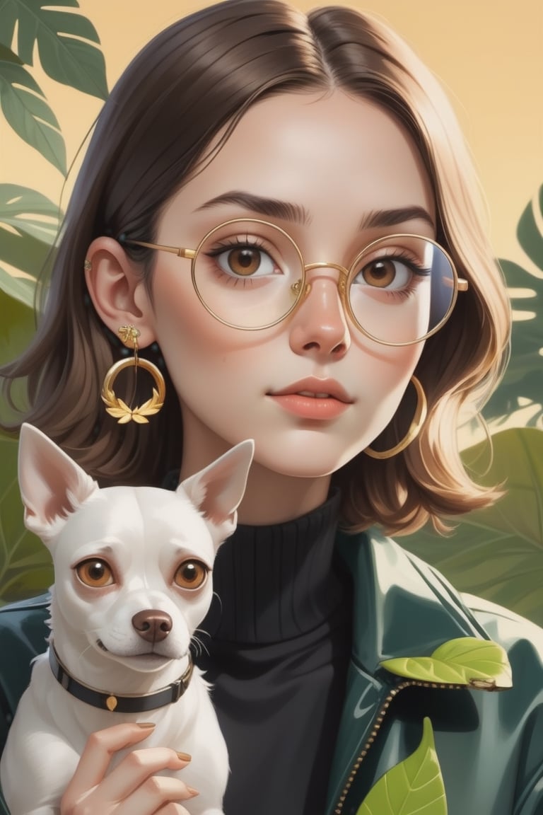 woman with a dog, thin face, brown-colored eyes, brown hair, white skin, has small ring earrings in both ears, mole on the face, black lager jacket, eye_brows, circular optical glasses gold , hair long, undetailed face, asymetrical eyes
,dfdd,(Leaf),Magical Fantasy style,vaporwave style