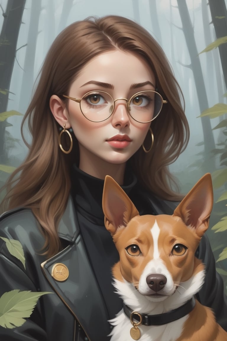 woman with a dog basenji  BROWN WITHOUT , thin face, brown-colored eyes, brown hair, white skin, has small ring earrings in both ears, mole on the face, black lager jacket, eye_brows, circular optical glasses gold , longhair, undetailed face, asymetrical eyes, THIN LIPS
,dfdd,(Leaf),Magical Fantasy style,vaporwave style,painting by jakub rozalski