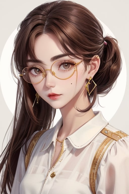 woman whit basenji dog , thin face, honey-colored eyes, brown hair, white skin, has small ring earrings in both ears, mole on the face,  eye_brows, circular optical glasses, hair pony long undetailed face, asymetrical eyes 