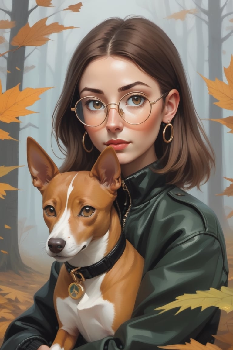 woman with a dog basenji  BROWN WITHOUT , thin face, brown-colored eyes, brown hair, white skin, has small ring earrings in both ears, mole on the face, black lager jacket, eye_brows, circular optical glasses gold , longhair, undetailed face, asymetrical eyes
,dfdd,(Leaf),Magical Fantasy style,vaporwave style,painting by jakub rozalski