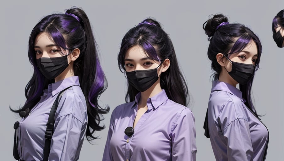 (masterpiece), high resolution, highly detailed, simple background, multiple girls, multicolored hair, purple eyes, (black mouth mask:1.2), BREAK, (violet shirt:1.2),character sheet, character design, reference sheet, multiple views, turnaround, full body, from front, from side, from behind, indian women at age 22 years old, sharpe features, detailed eye,perfecteyes