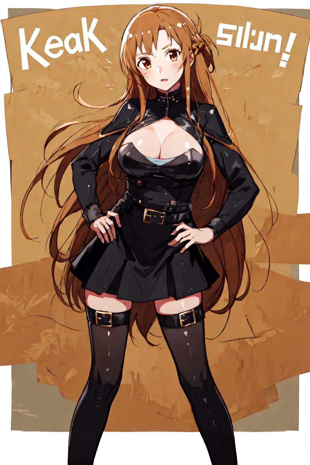 masterpiece, high_res, 1girl, female_solo, (tall girl:1.2), brown hair, very long hair, big_breasts:0.4, skindentation, black_kneehighs, garterbelt, brown eyes, very detailed background, asuna, 