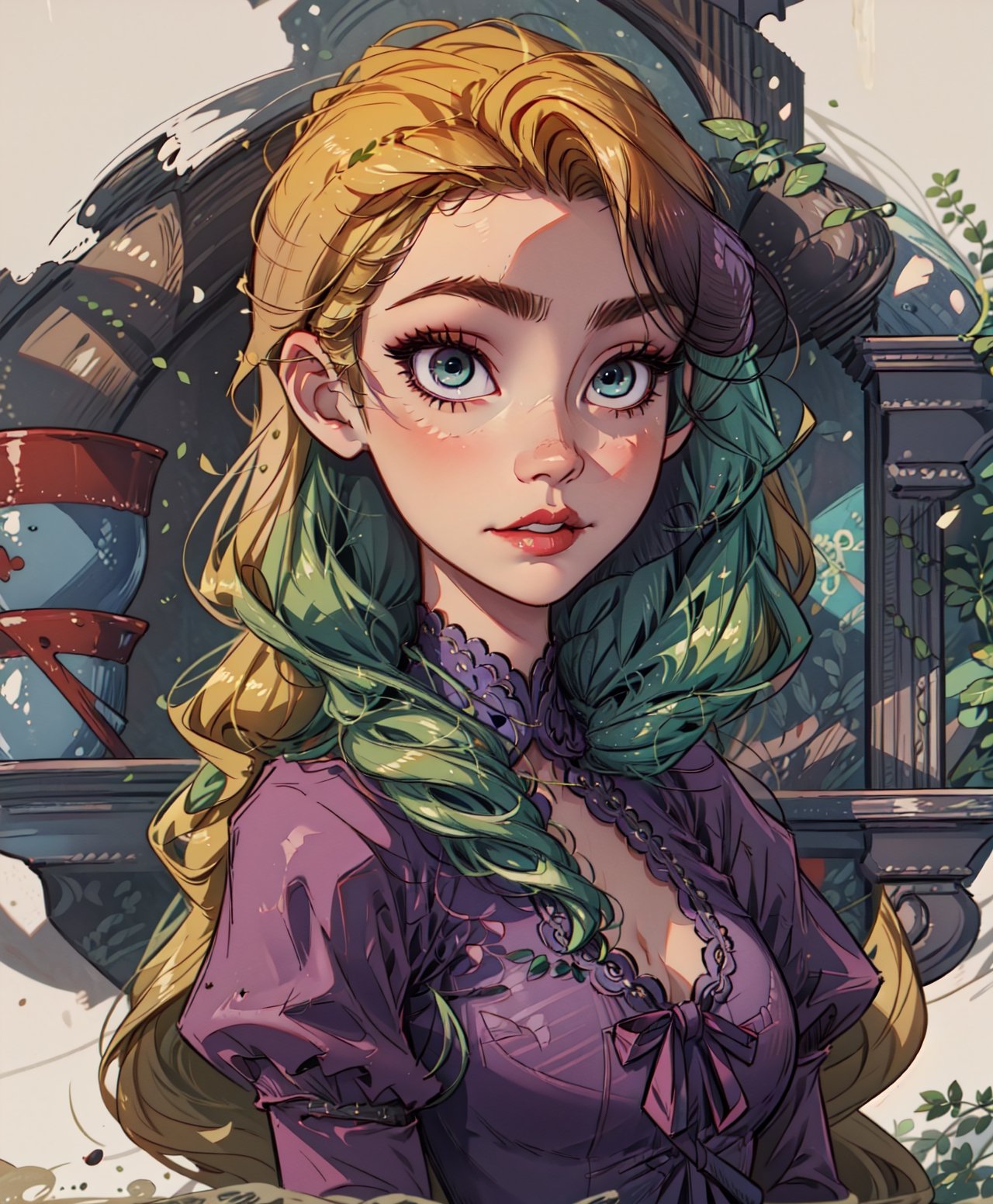 Masterpiece, best quality, sharp focus, skin dentation, Rapunzel, long blonde hair, emerald eyes, princess dress, ultra-detailed art illustration, sagging chest, library interior, detailed beautiful face, perfect eyes