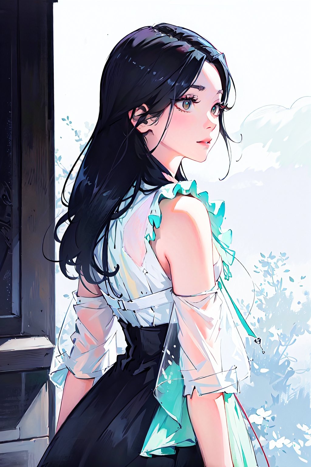 (1girl:1.2, (masterpiece:1.4, best quality), medium breasts, unity 8k wallpaper, ultra detailed, (pastel colors:1.3), alluring pose, upper body, ass, beautiful and aesthetic, see-through (clothes), detailed, solo, black fog, Long hair, black hair, silver eyes,so-hyun.lvl2,pale skin tone