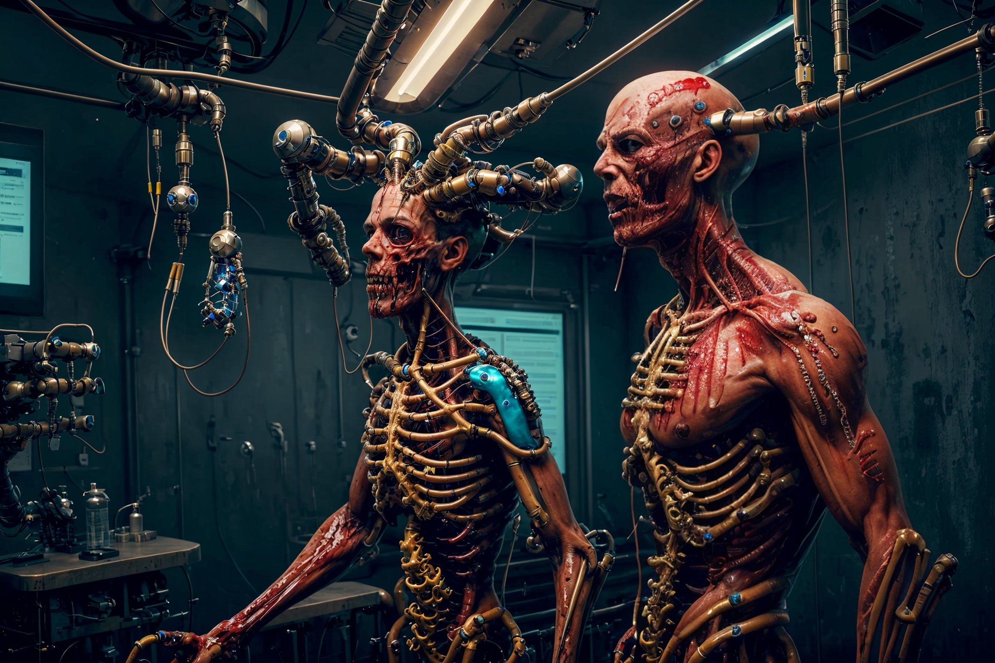 surgery room, doctors, bloody patient, hellish environment, high details, ornate, biopunk style, realistic, photographic quality