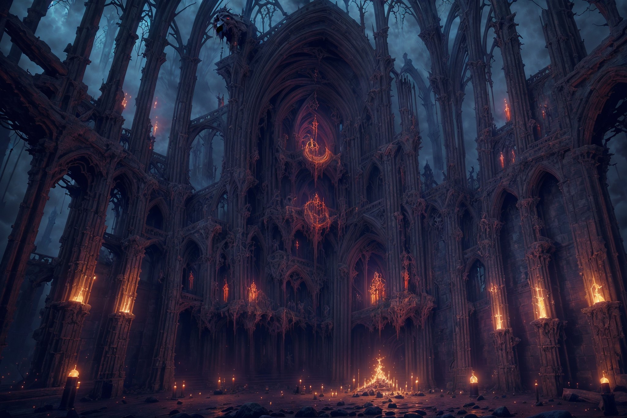 bloody cathedral, hellish environment, demons, dead bodies, mortuary,  ornate, realistic, photographic quality, high details, atmospheric perspective, biopunk style,horror (theme),wrench_elven_arch