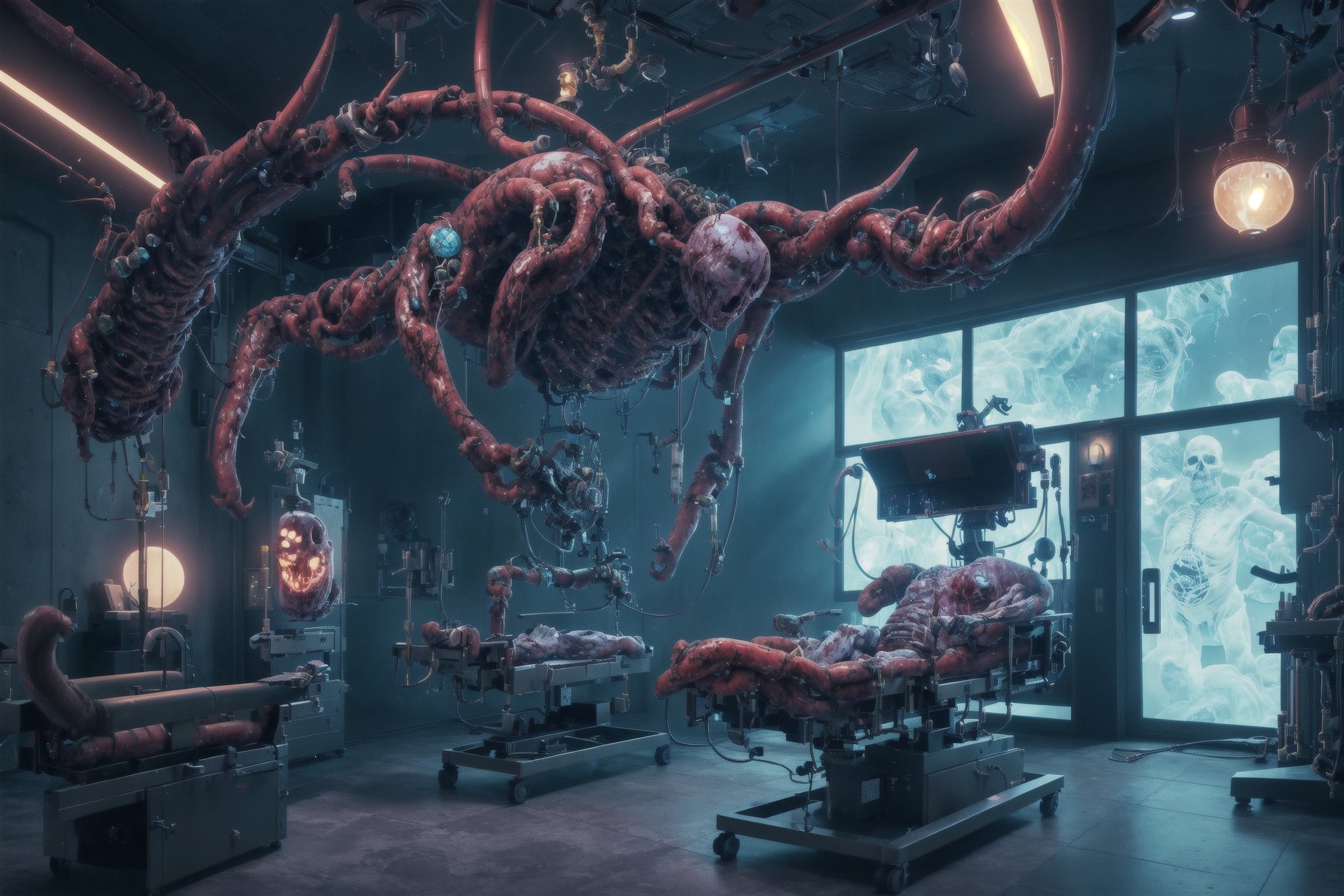 surgery room, doctors in background, fat decayed bloody patient, hellish environment,high details, ornate, biopunk style, realistic, photographic quality, atmospherice perspective ,insertNameHere