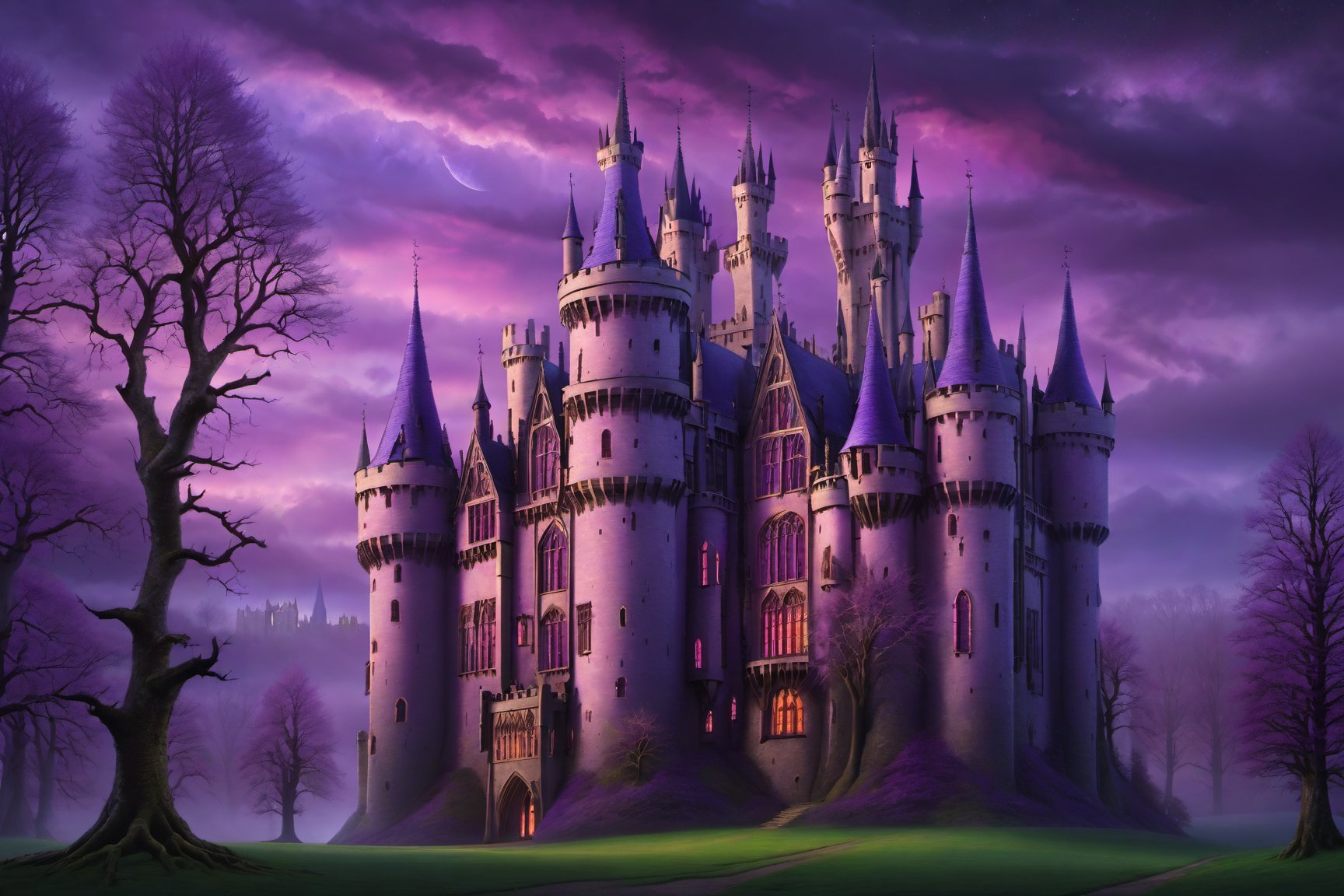 large gothic castle, purple skies, bare trees, high detail