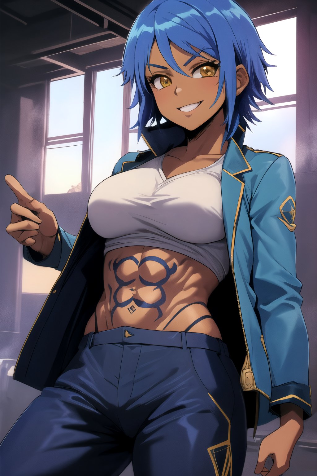 sexy tomboy, short blue spiky hair, yellow eyes, dark skin, blue jacket, baggy pants, reverse trap, smile, best quality anime tattoos, muscular 