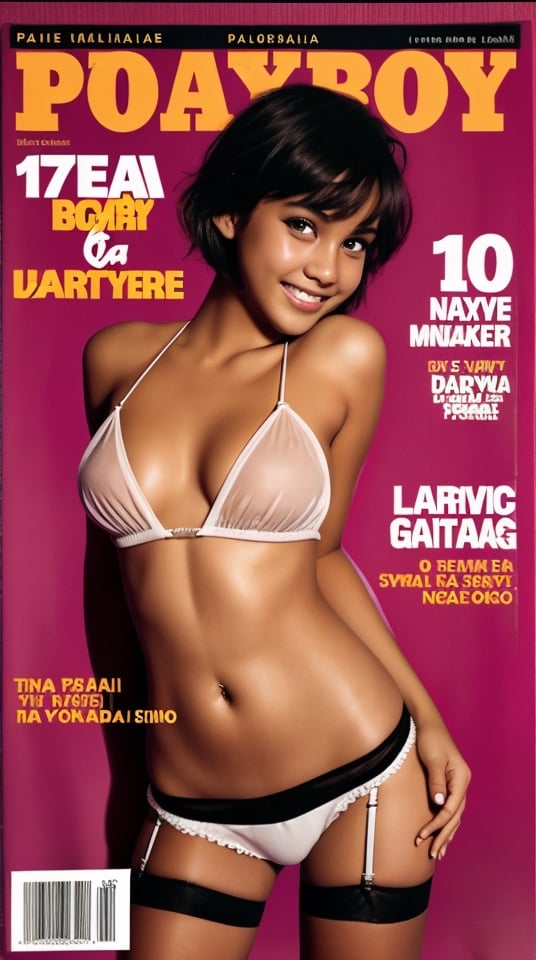 playboy cover, magazine, full-length_portrait, photograph of a 17-years-old indonesian female, detailed face, looking at viewer, surreal, short hair, sheer cloth, garter belt, A beaming radiant girl with a genuine smile, simple dark background,