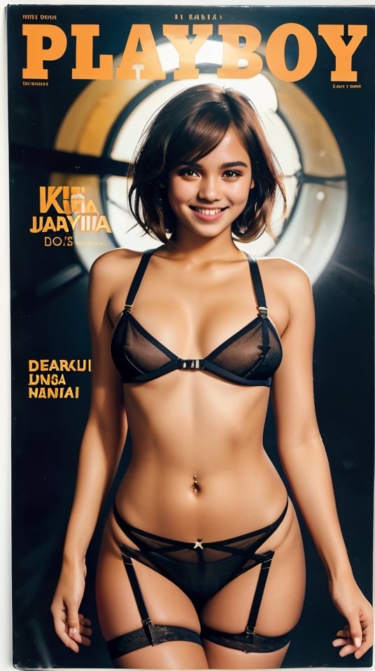 playboy cover, magazine, full-length_portrait, photograph of a 17-years-old indonesian female, detailed face, looking at viewer, surreal, short hair, sheer cloth, garter belt, A beaming radiant girl with a genuine smile, simple dark background, Sexy Pose, masterpiece,