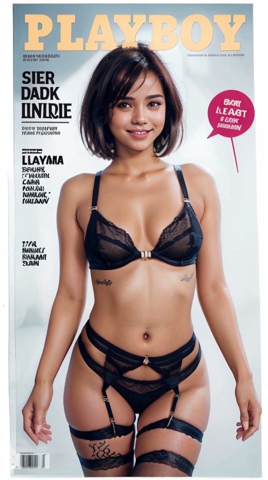 playboy cover, magazine, full-length_portrait, photograph of a 17-years-old indonesian female, detailed face, looking at viewer, surreal, short hair, sheer cloth, garter belt, A beaming radiant girl with a genuine smile, simple dark background, Sexy Pose, masterpiece,